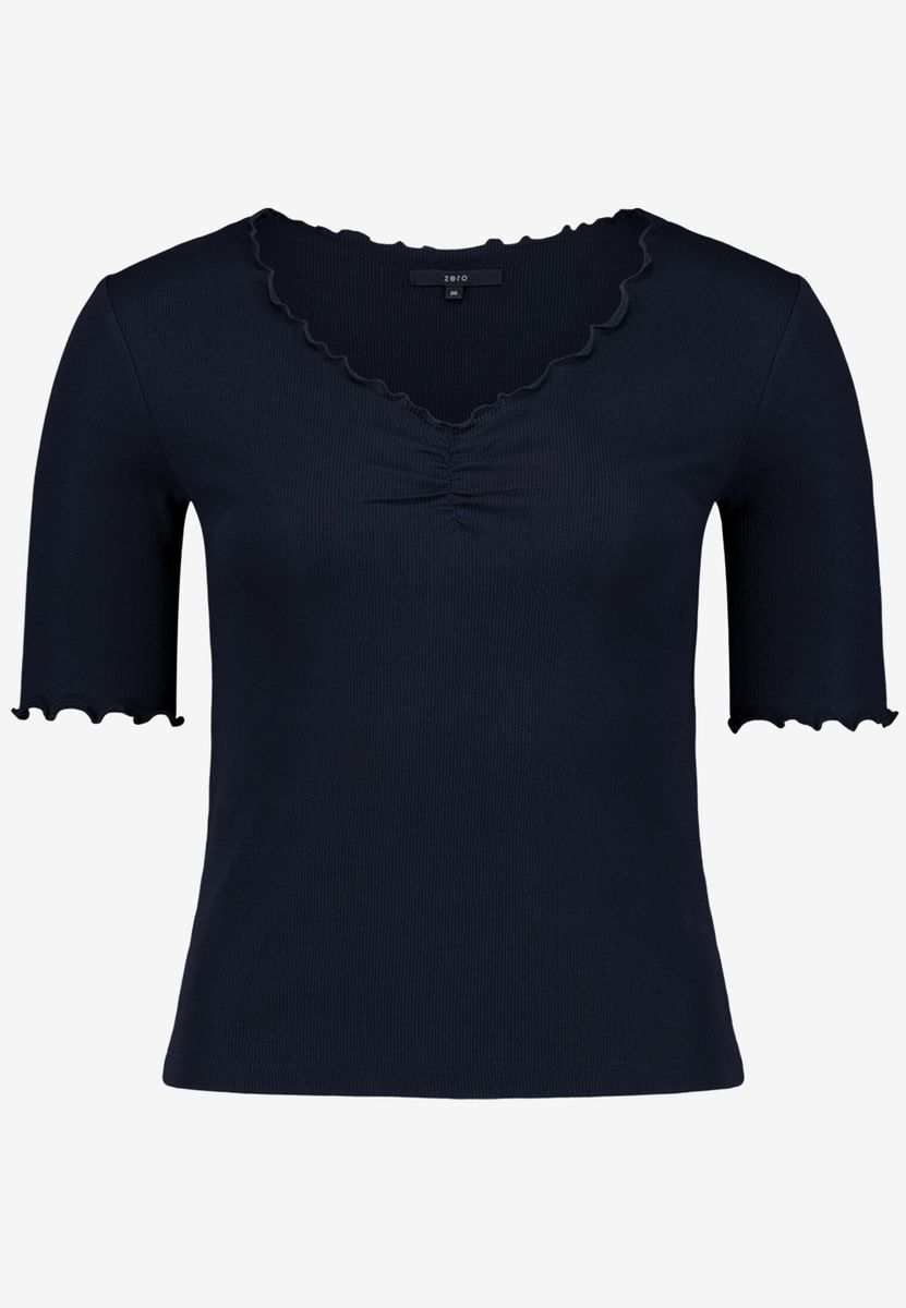 Ripp-Shirt mit Wellensaum und V-Ausschnitt