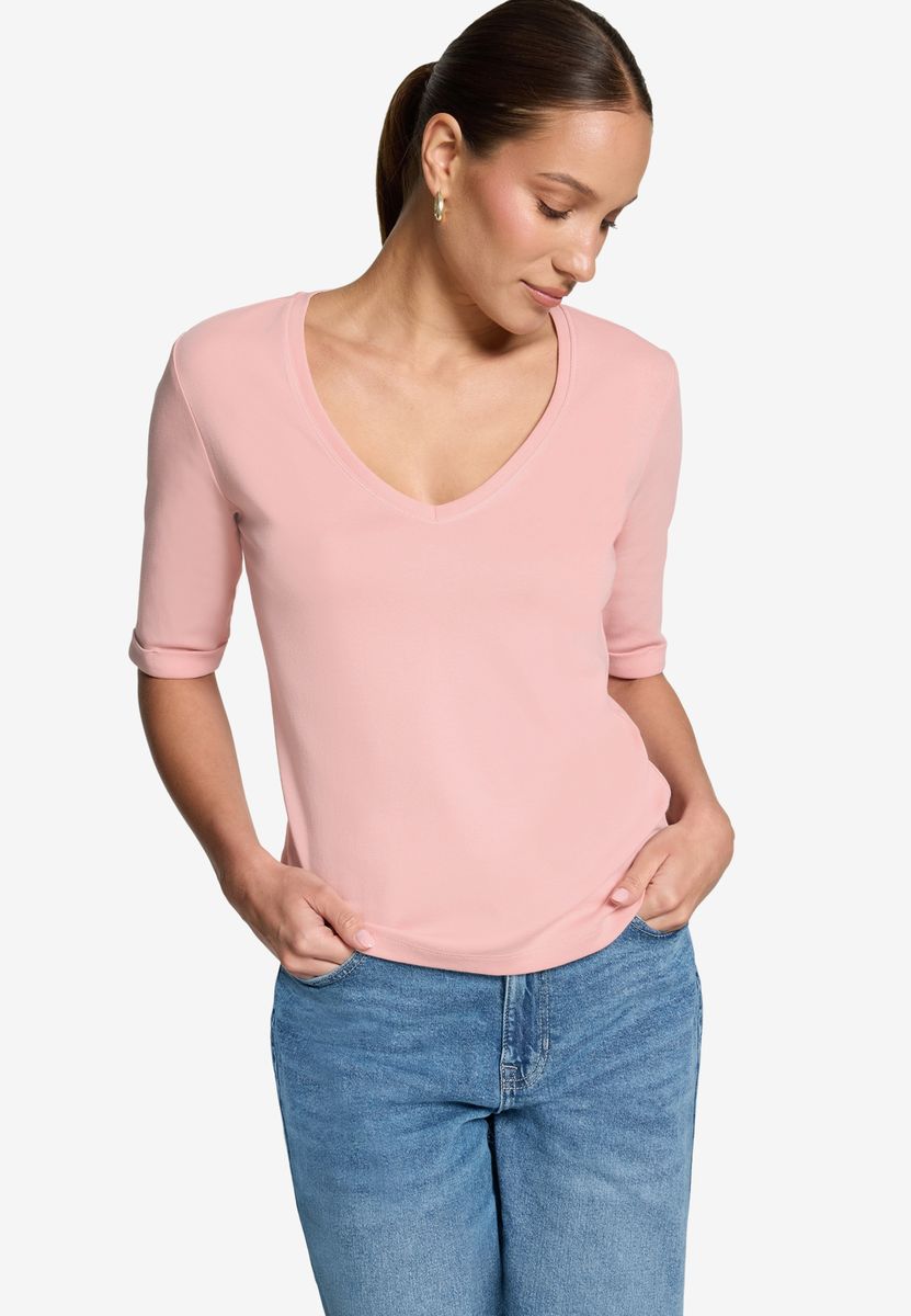 Basic-T-Shirt mit V-Ausschnitt und Ärmeln