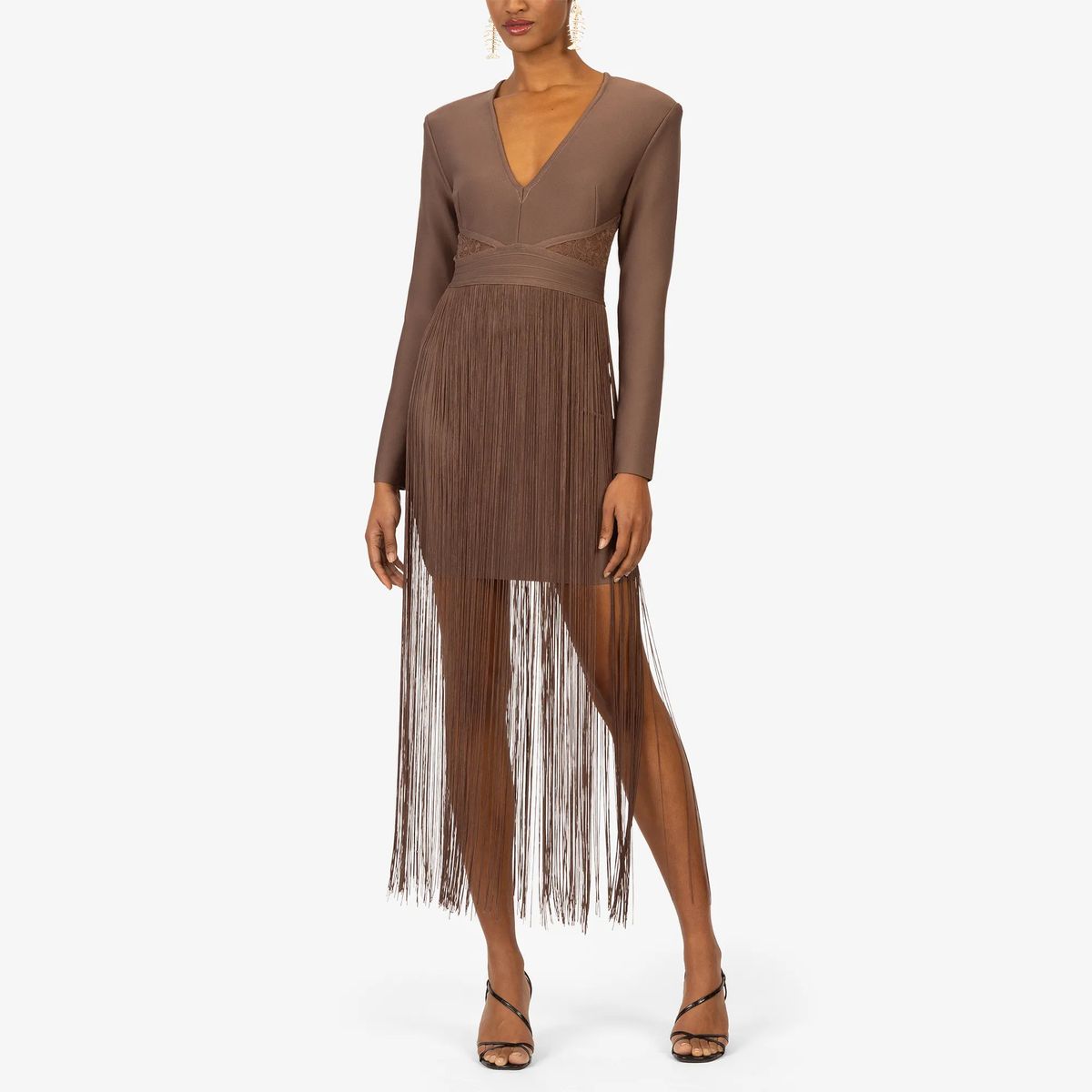 Braunes, langärmeliges Fransen-Bandagenkleid
