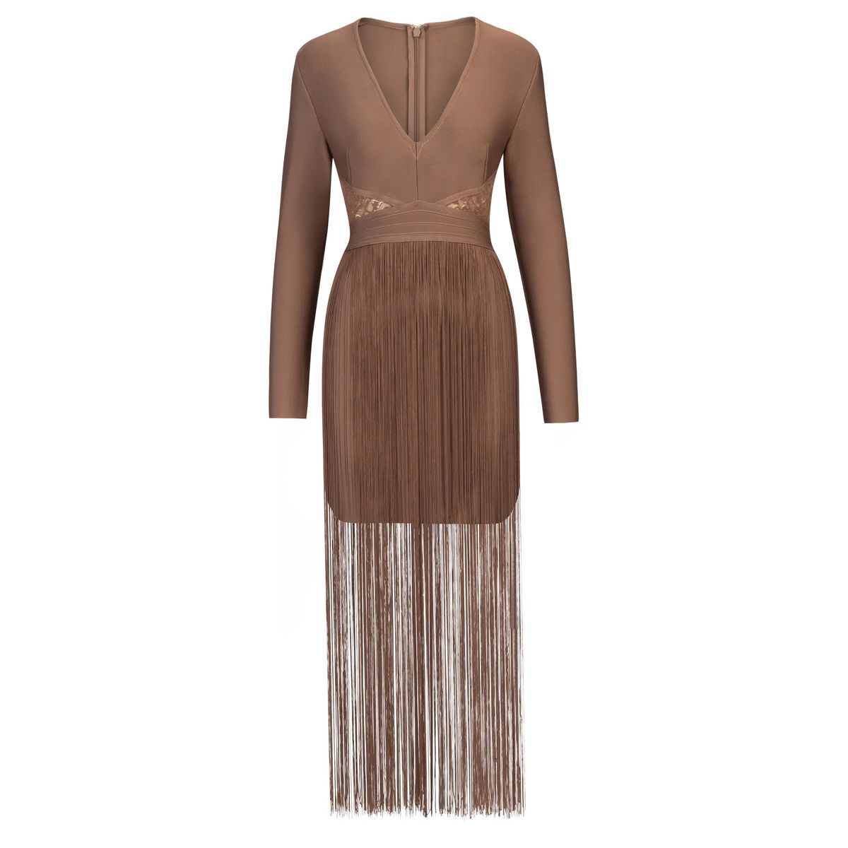 Braunes, langärmeliges Fransen-Bandagenkleid