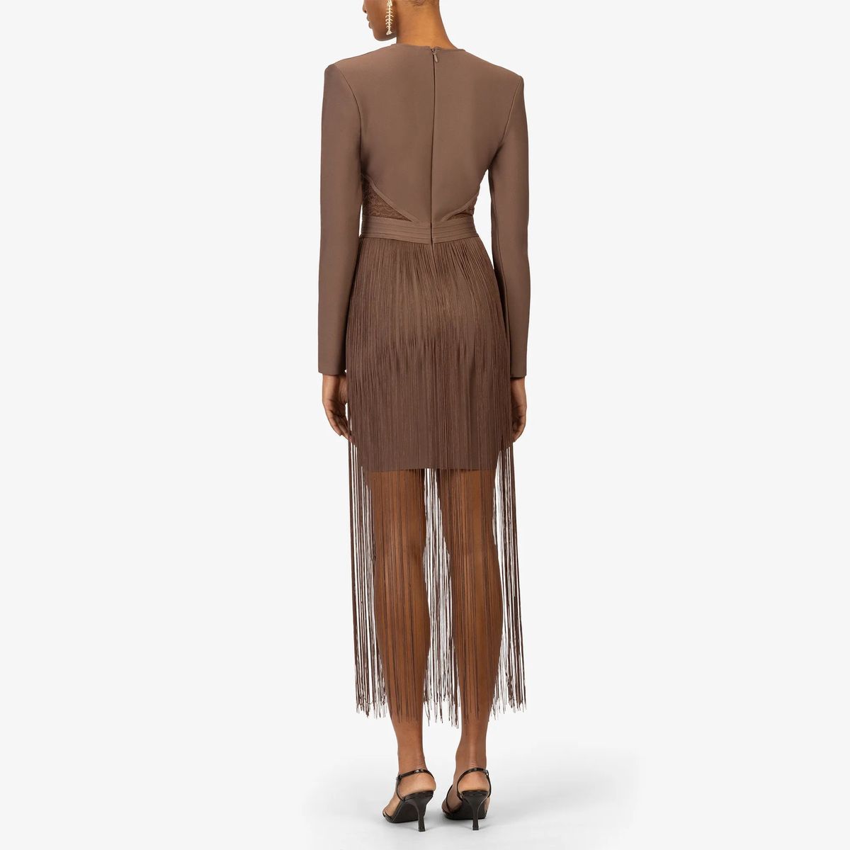 Braunes, langärmeliges Fransen-Bandagenkleid