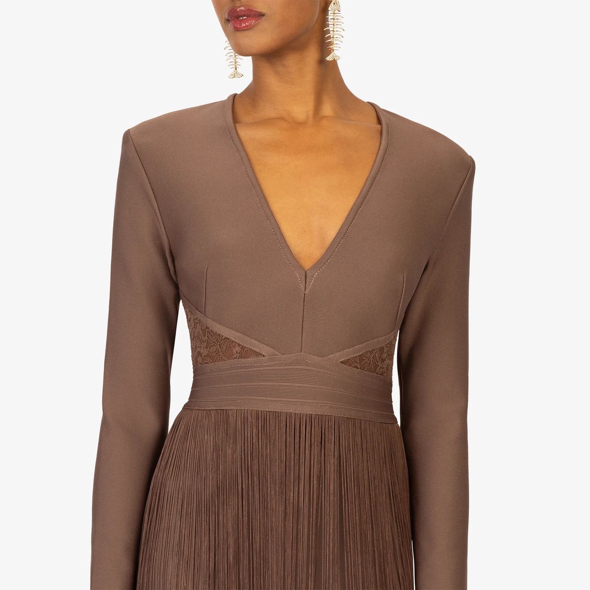 Braunes, langärmeliges Fransen-Bandagenkleid