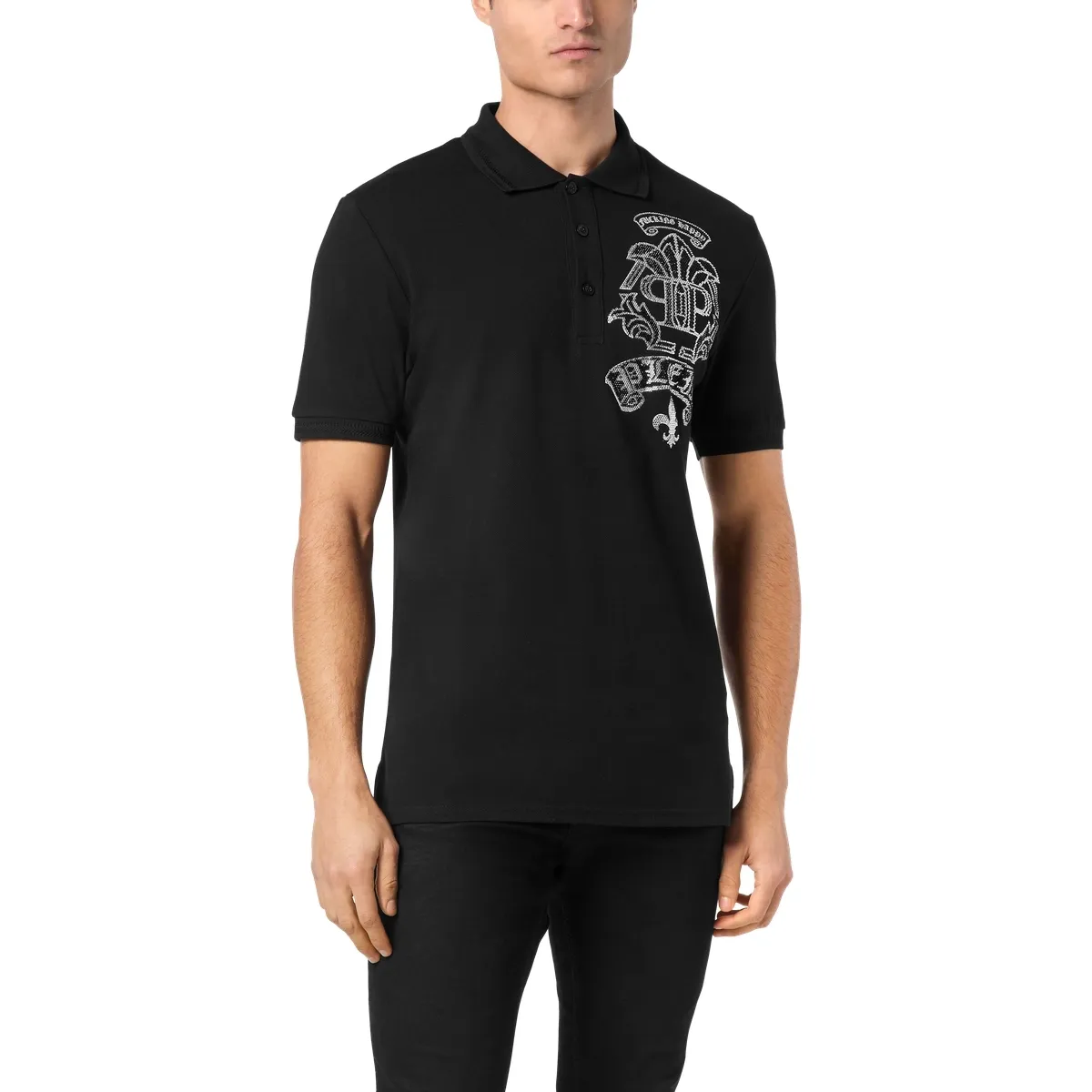 Verziertes schwarzes Baumwoll-Poloshirt mit Grafik