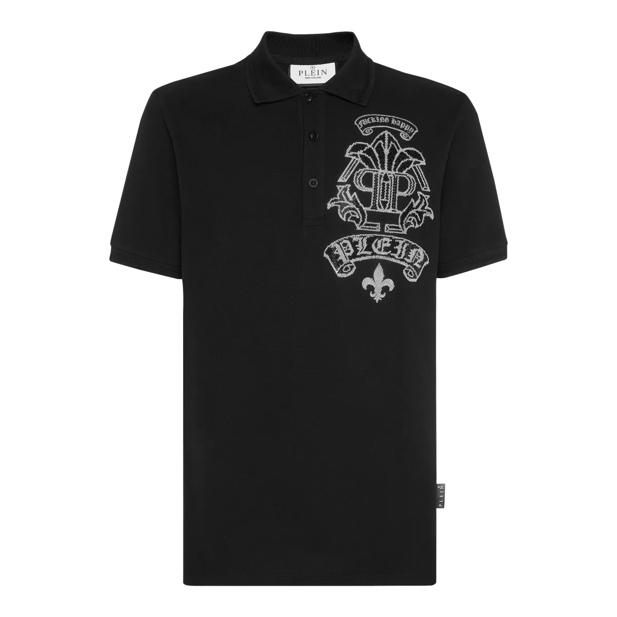 Verziertes schwarzes Baumwoll-Poloshirt mit Grafik