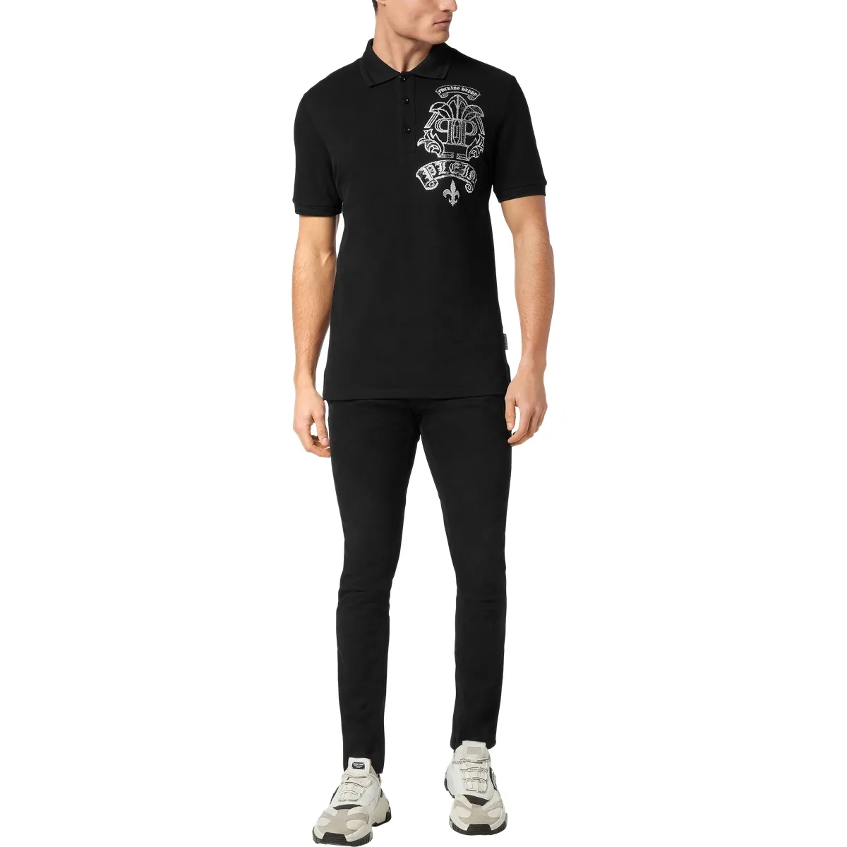 Verziertes schwarzes Baumwoll-Poloshirt mit Grafik