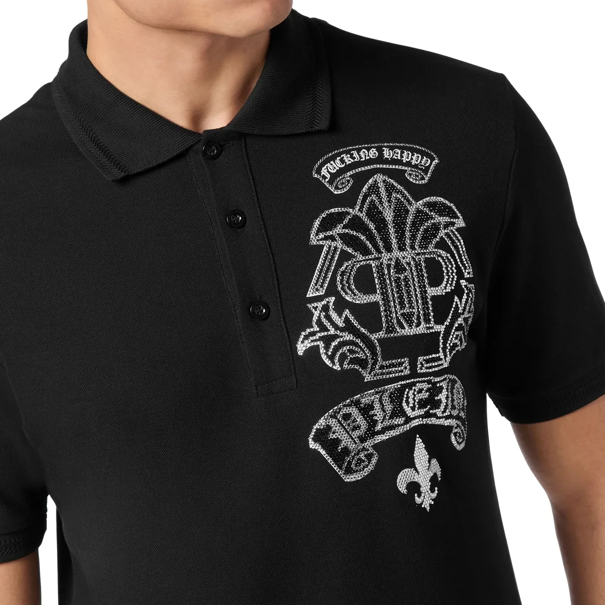 Verziertes schwarzes Baumwoll-Poloshirt mit Grafik