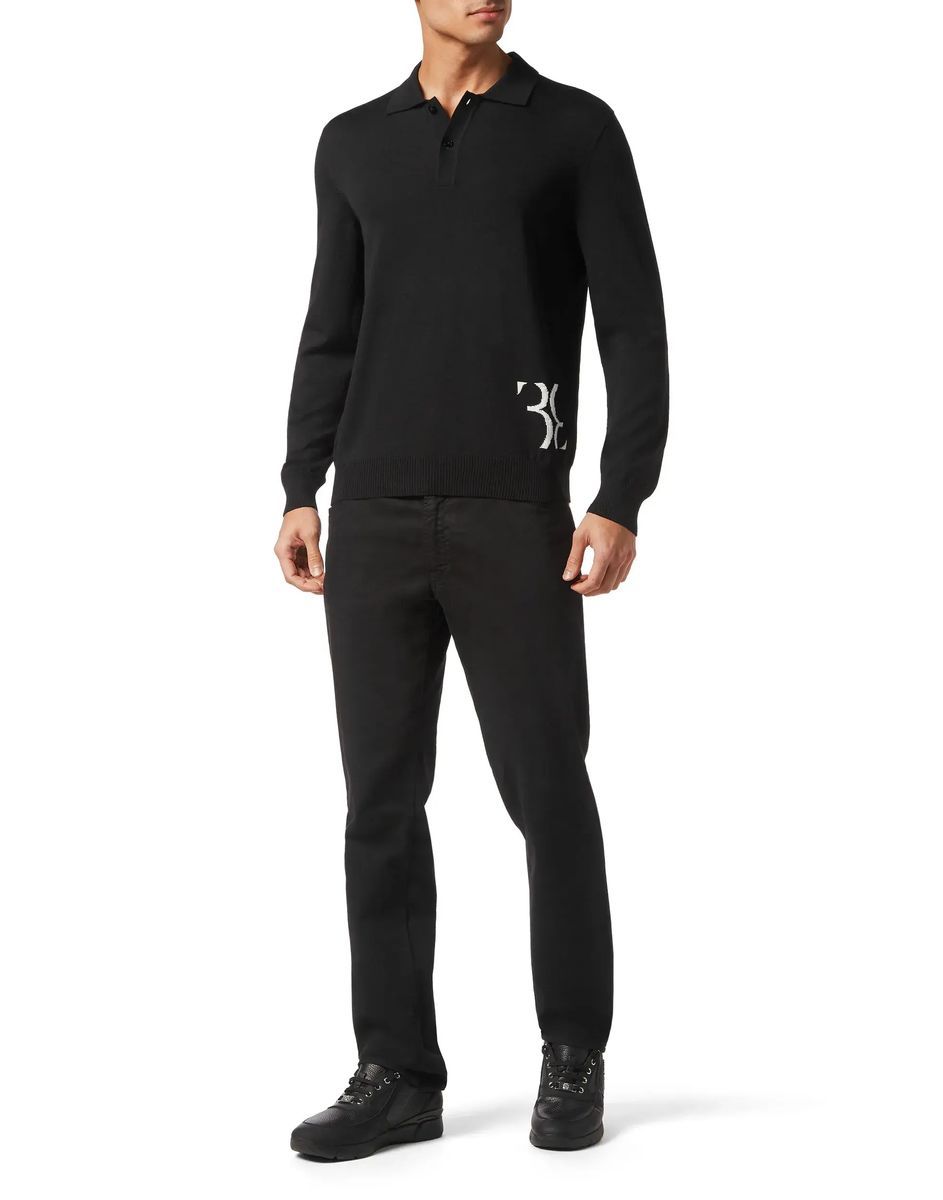 Schwarzer Woll-Seiden-Pullover mit Polokragen
