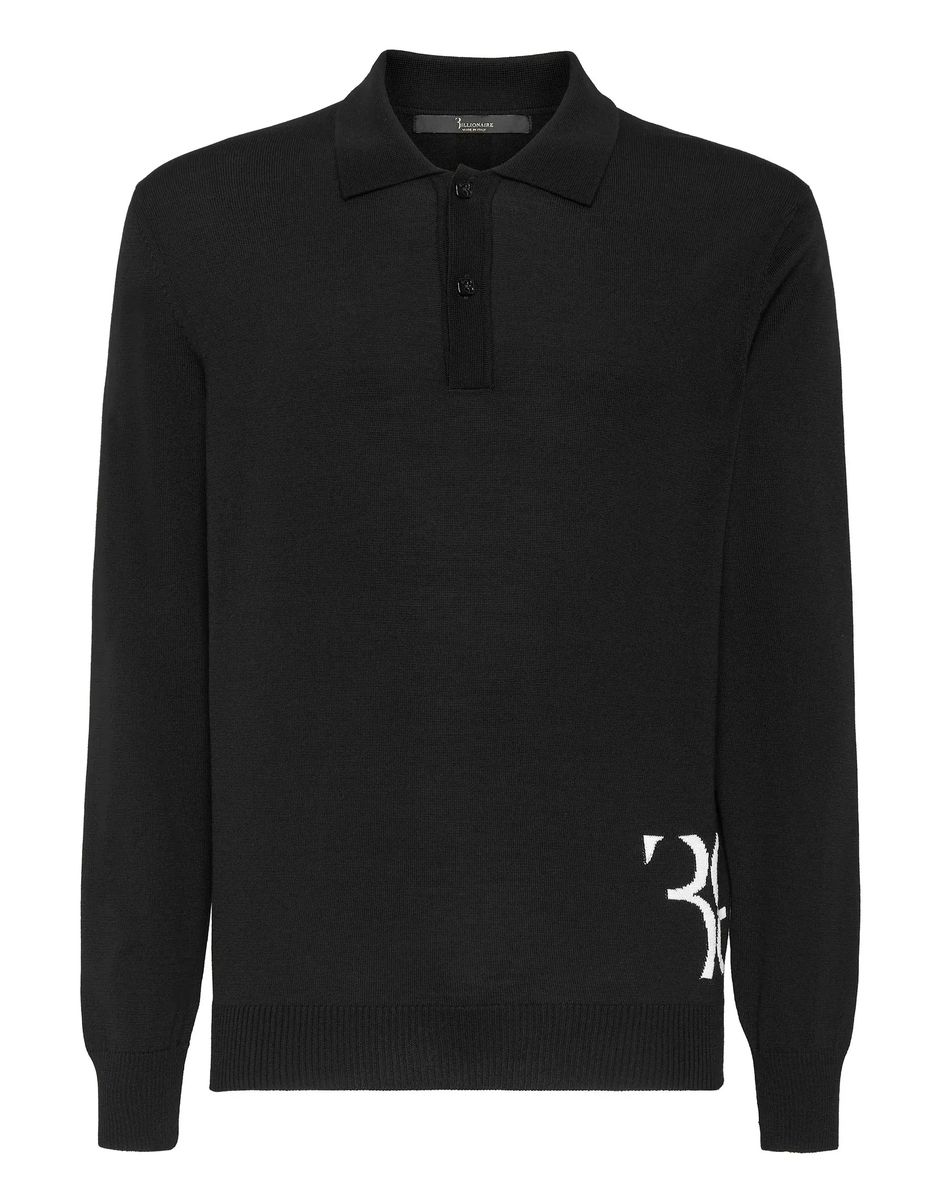 Schwarzer Woll-Seiden-Pullover mit Polokragen