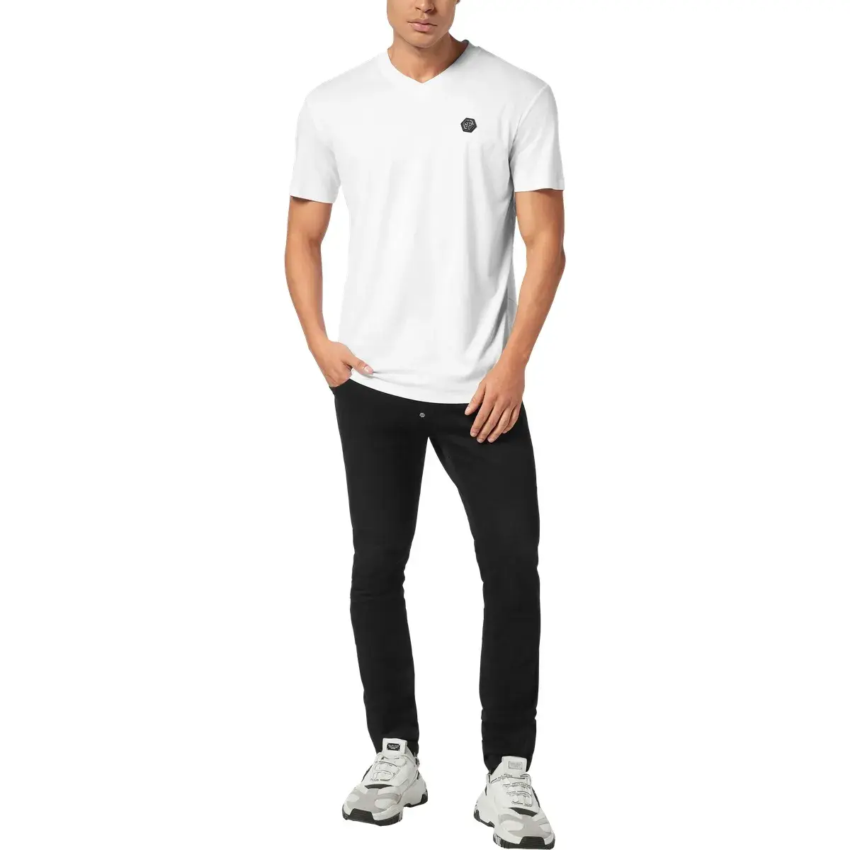 Basic T-Shirt mit V-Ausschnitt und Logo