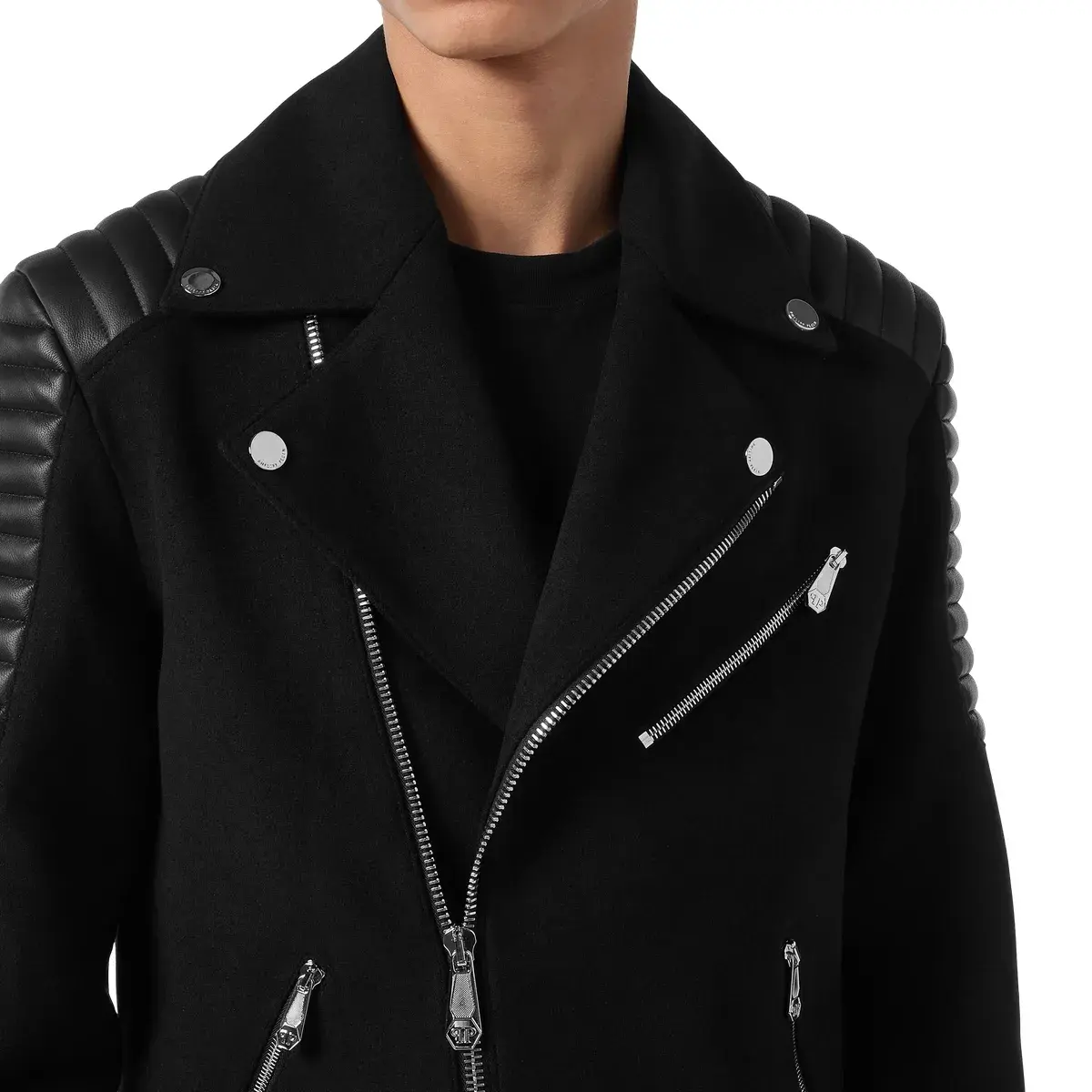 Bikerjacke aus Wollmischung mit Lederdetails