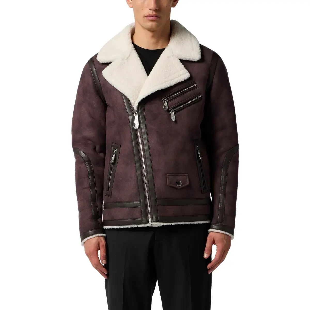 Lederjacke mit Shearling-Besatz