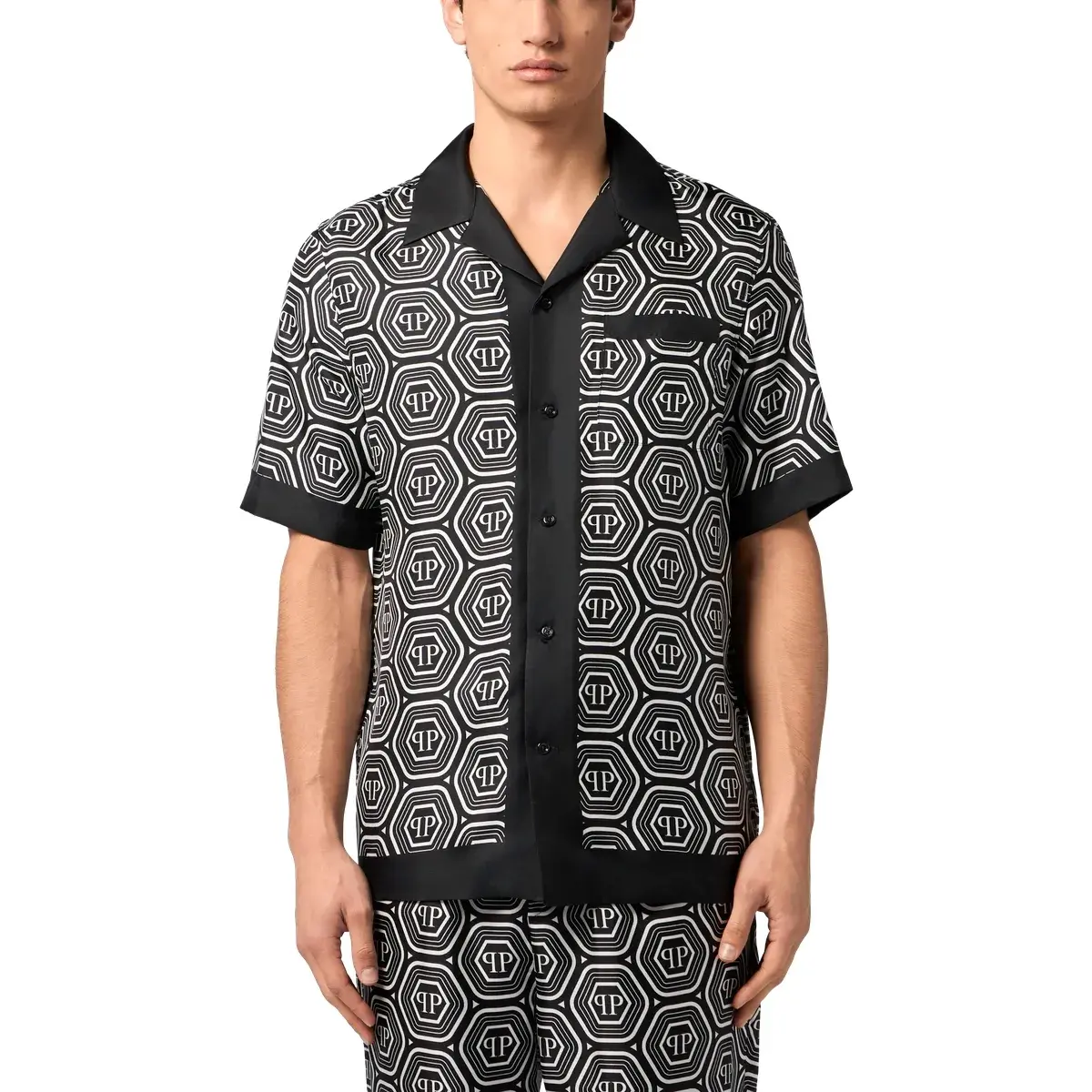 Seiden Bowling Shirt mit Monogramm-Hexagonmuster