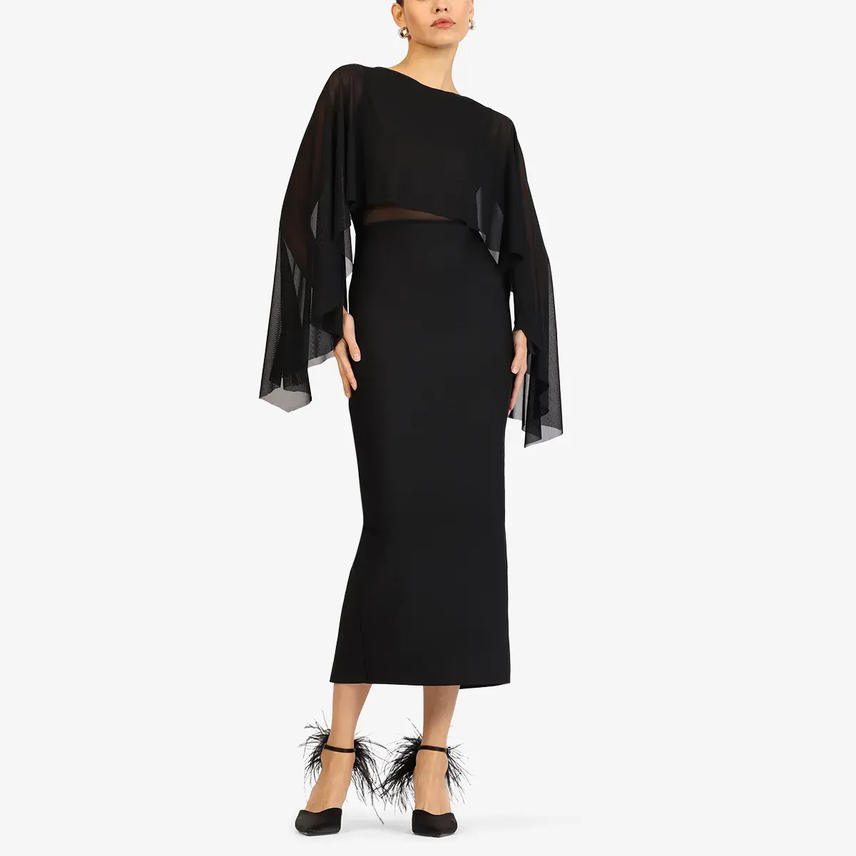 Elegantes Midikleid mit transparentem Cape-Überwurf