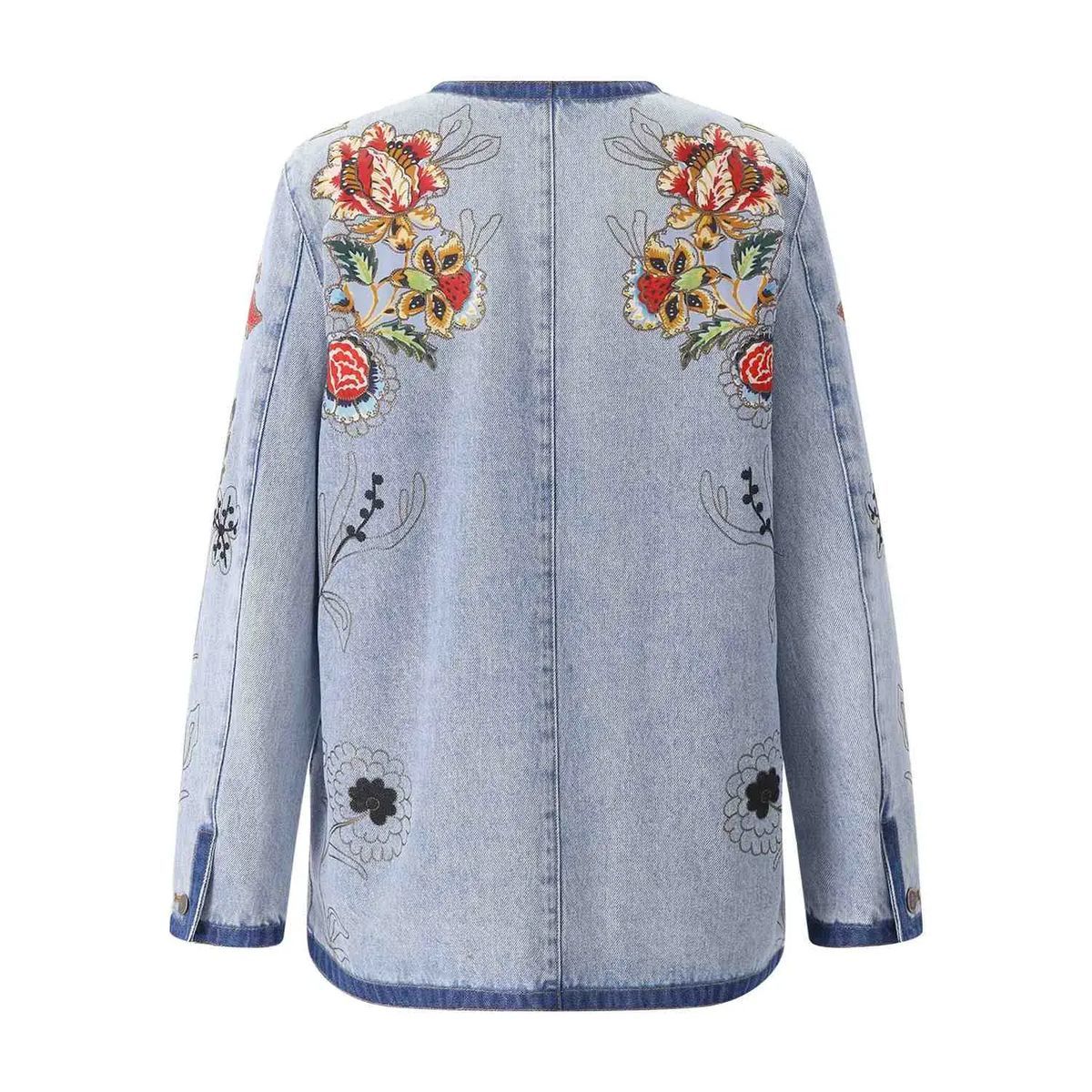 Jeansjacke mit Blumenstickerei, lange Silhouette