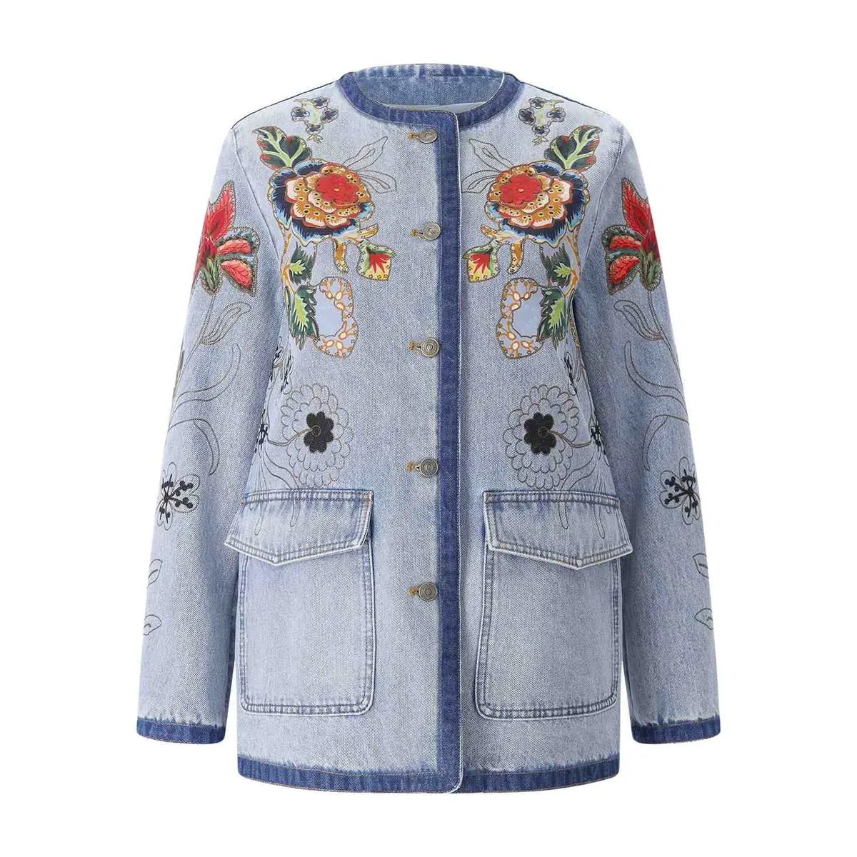 Jeansjacke mit Blumenstickerei, lange Silhouette