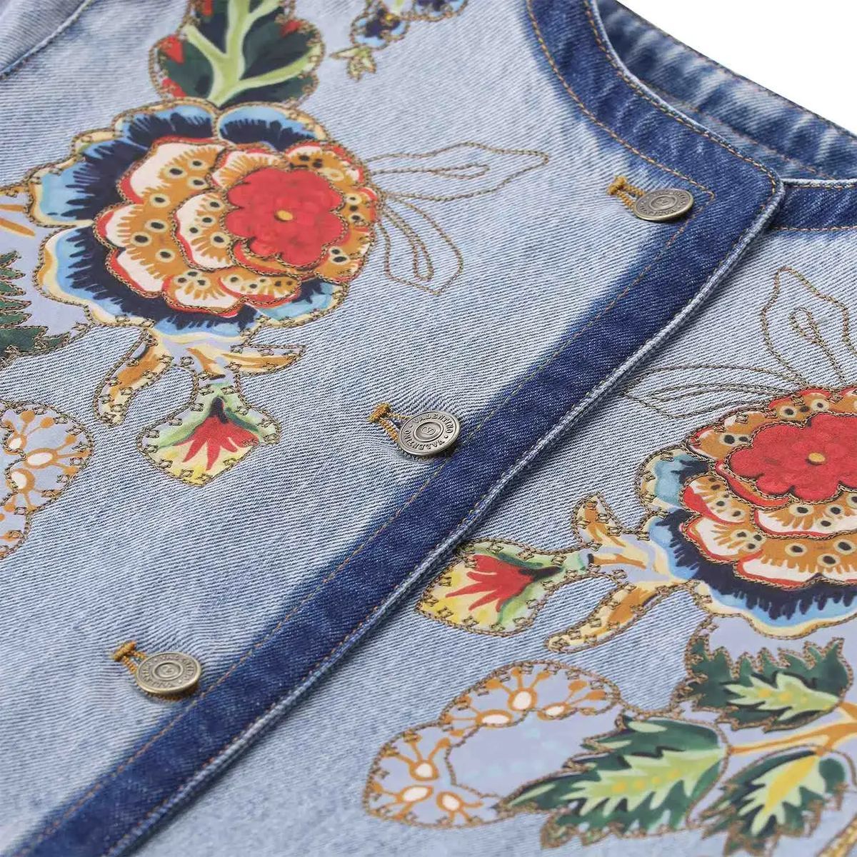 Jeansjacke mit Blumenstickerei, lange Silhouette
