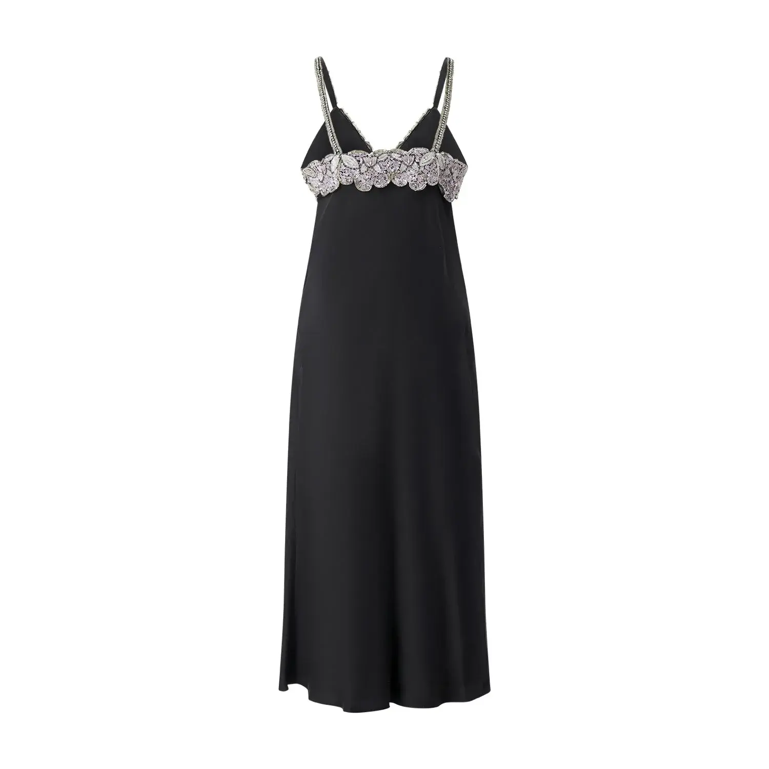 Verziertes schwarzes Midi-Slip-Kleid