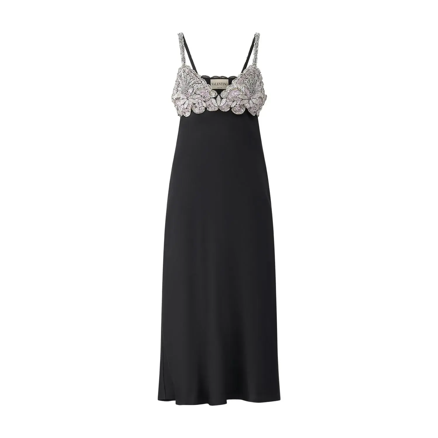 Verziertes schwarzes Midi-Slip-Kleid