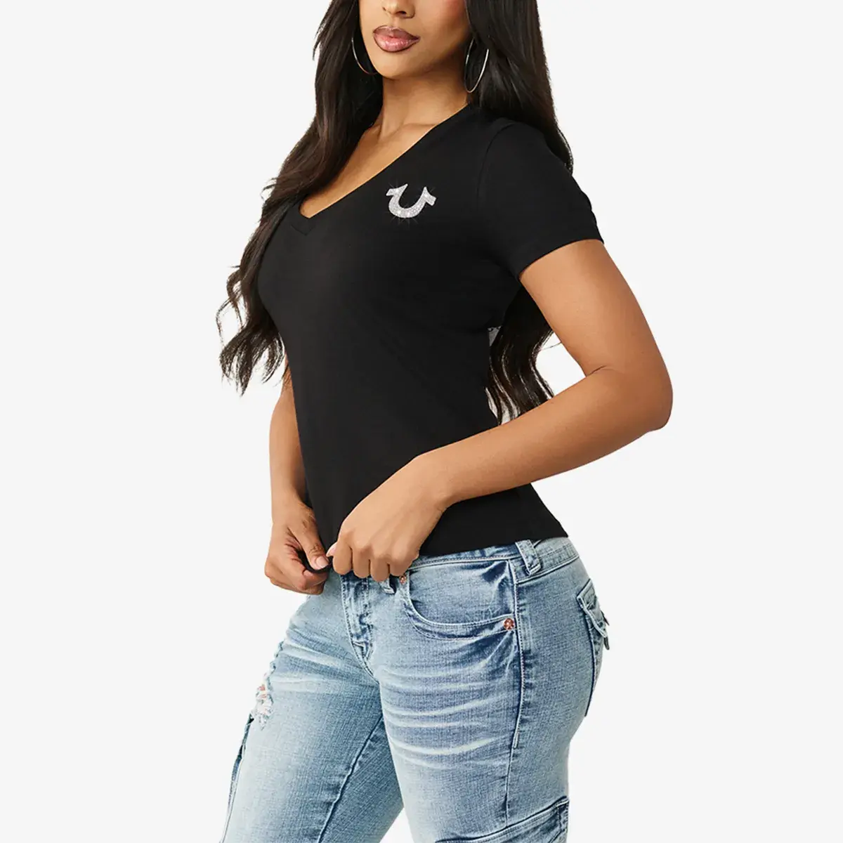 Figurbetontes V-Ausschnitt T-Shirt mit Logo