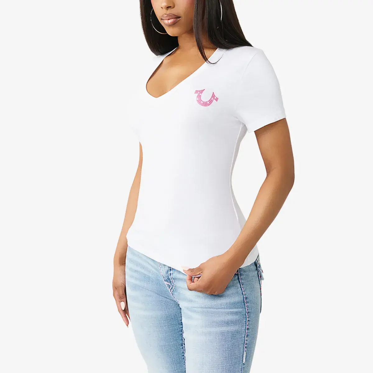 Damen V-Ausschnitt T-Shirt mit Strasslogo