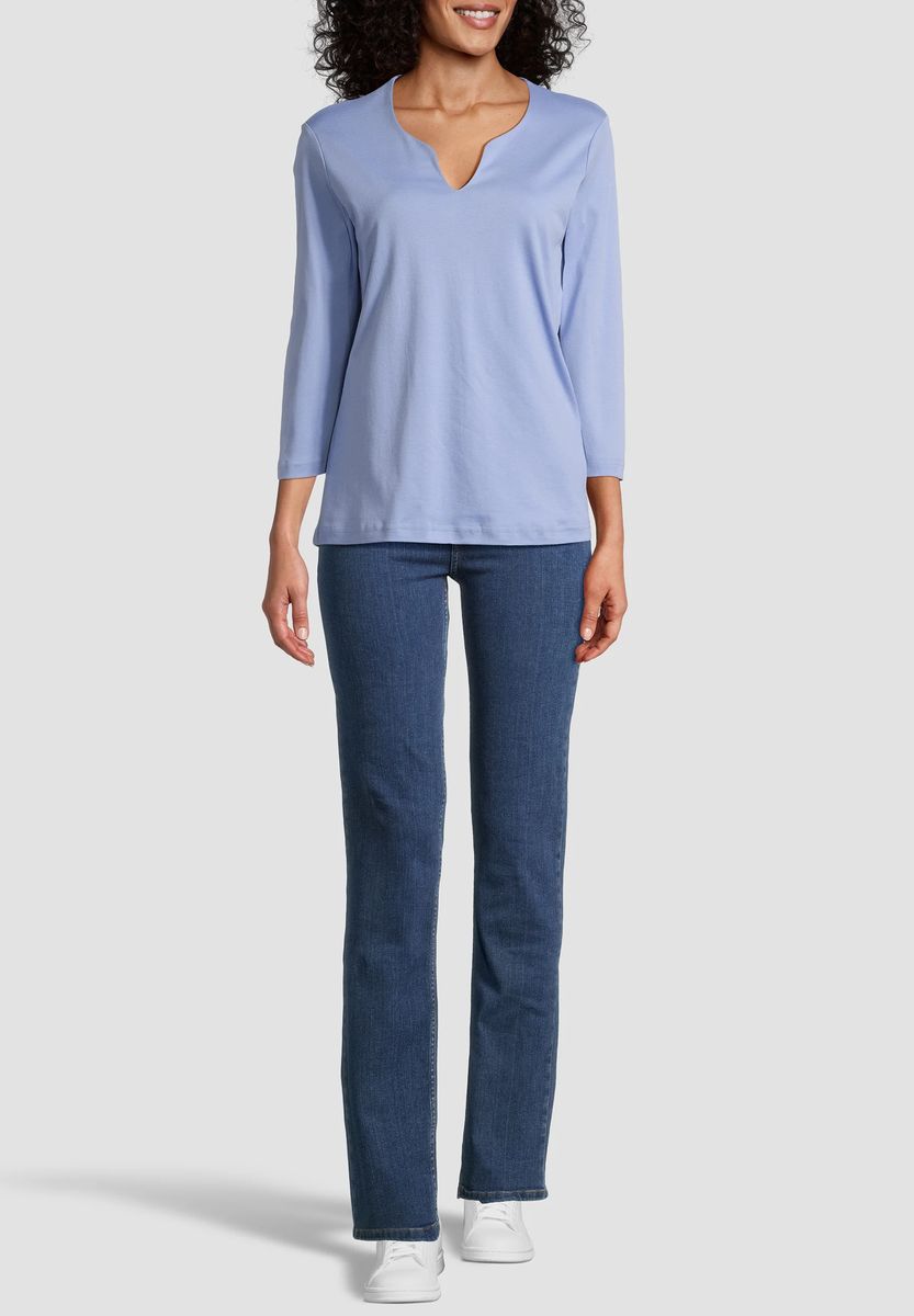 Klassisches marineblaues Shirt mit Schlitzkragen und 3/4-Ärmeln