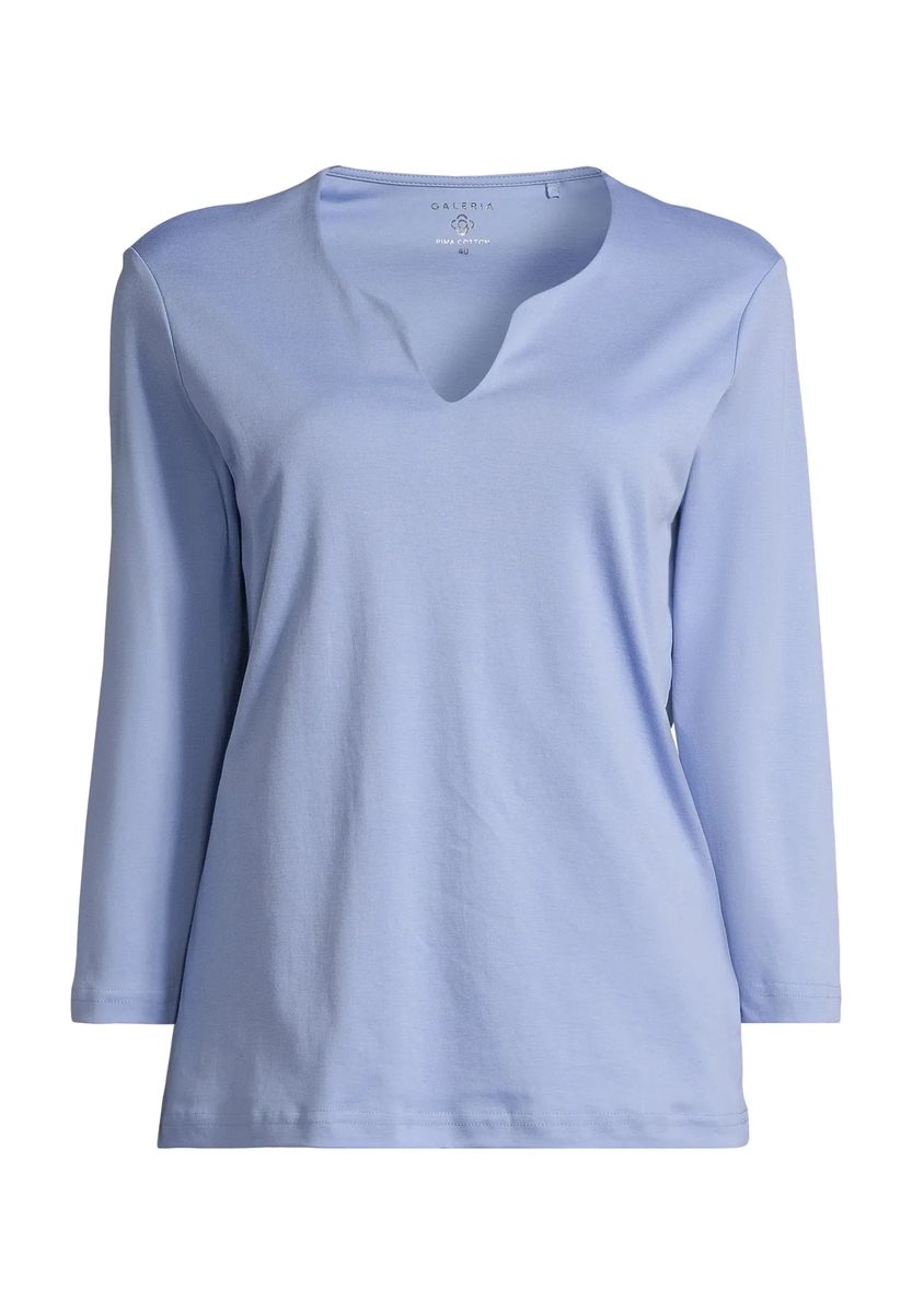 Klassisches marineblaues Shirt mit Schlitzkragen und 3/4-Ärmeln