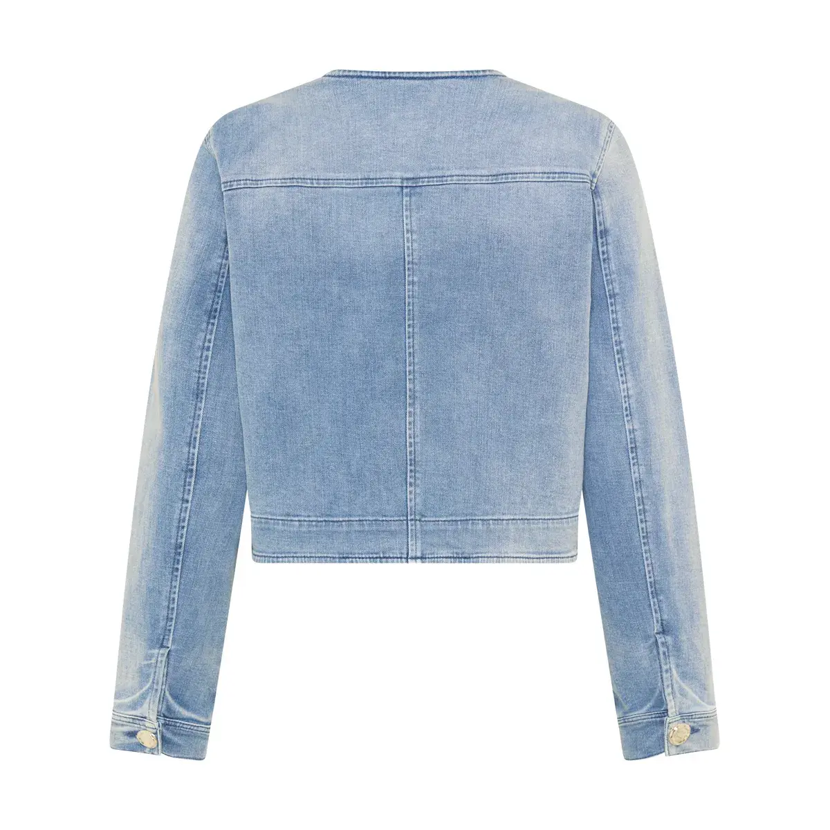 Kragenlose Kurzjacke aus Denim mit Brosche