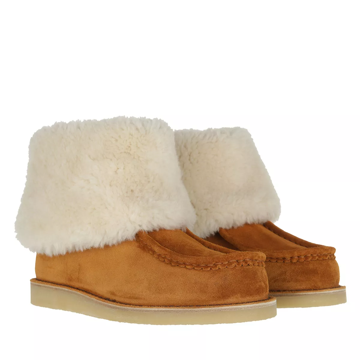 Cognacfarbene Wildleder-Stiefeletten mit Shearlingfutter