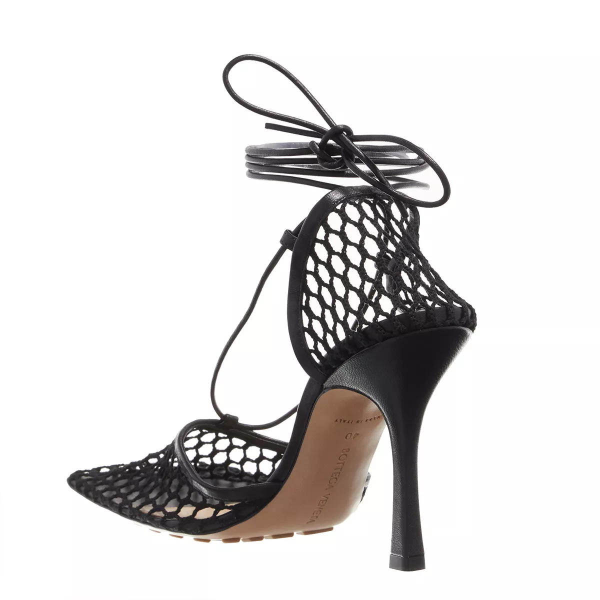 Schwarze Mesh-Stiletto-Sandaletten mit Knöchelriemen