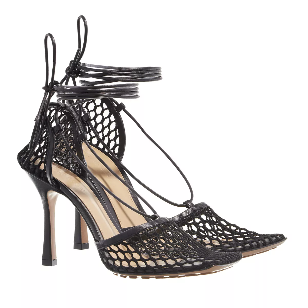 Schwarze Mesh-Stiletto-Sandaletten mit Knöchelriemen