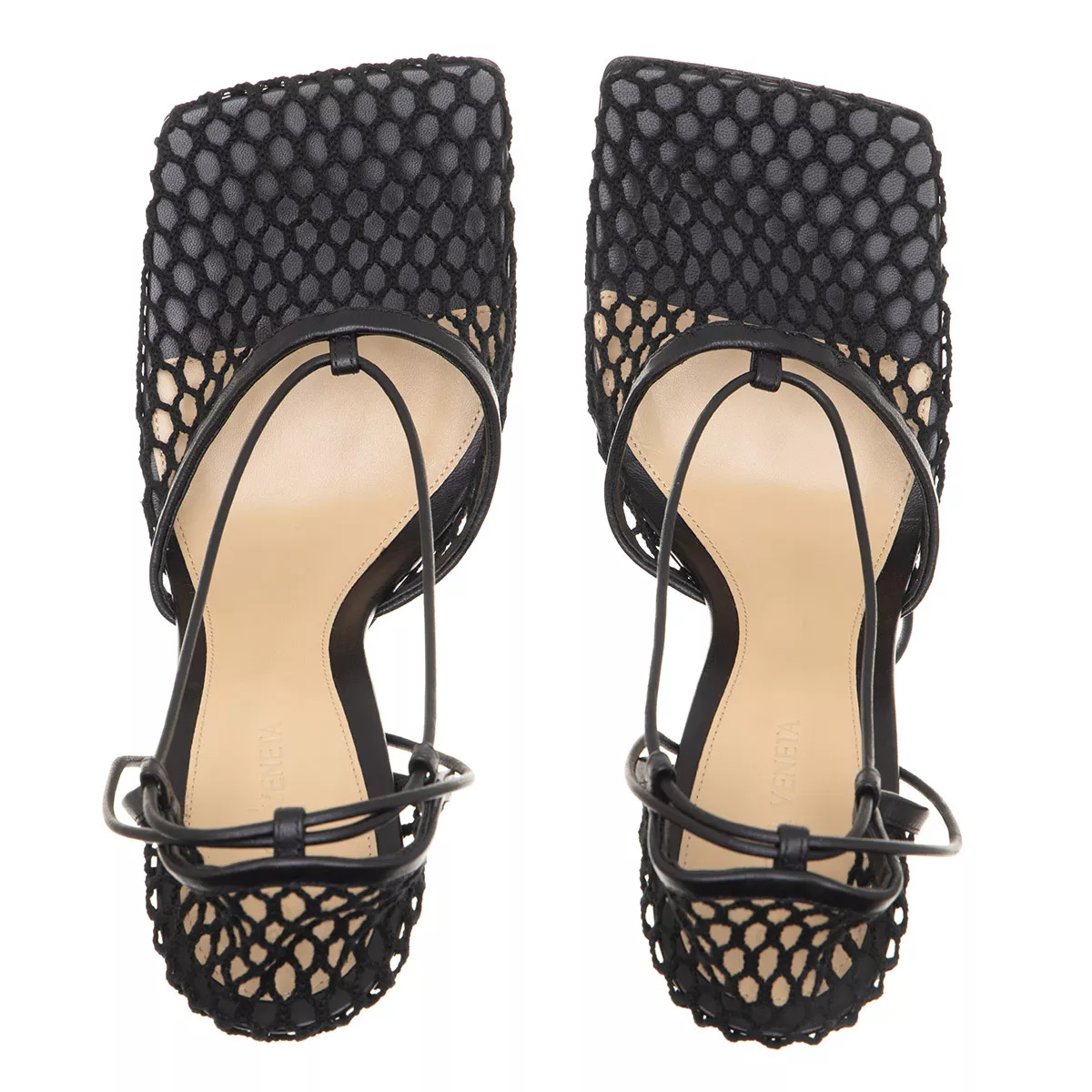 Schwarze Mesh-Stiletto-Sandaletten mit Knöchelriemen