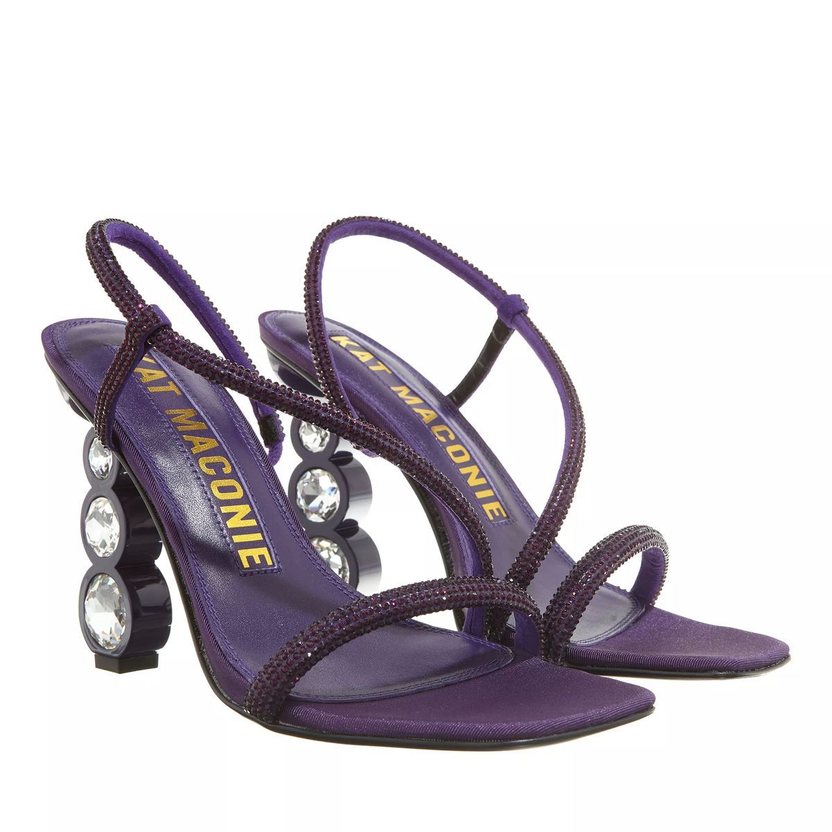 Lila Riemchensandalen mit Schmuckabsatz