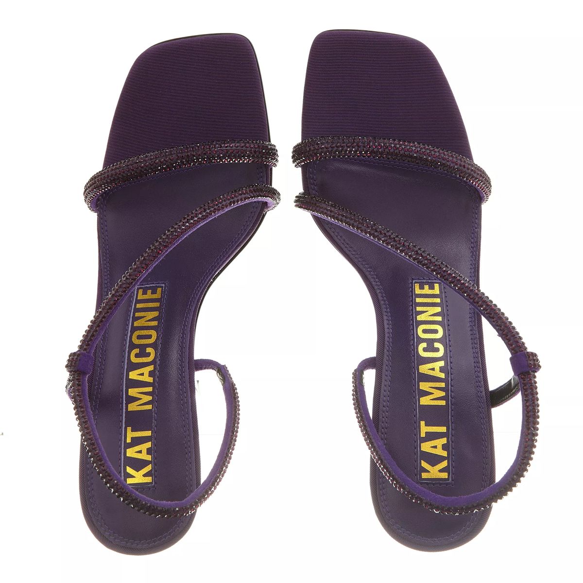 Lila Riemchensandalen mit Schmuckabsatz