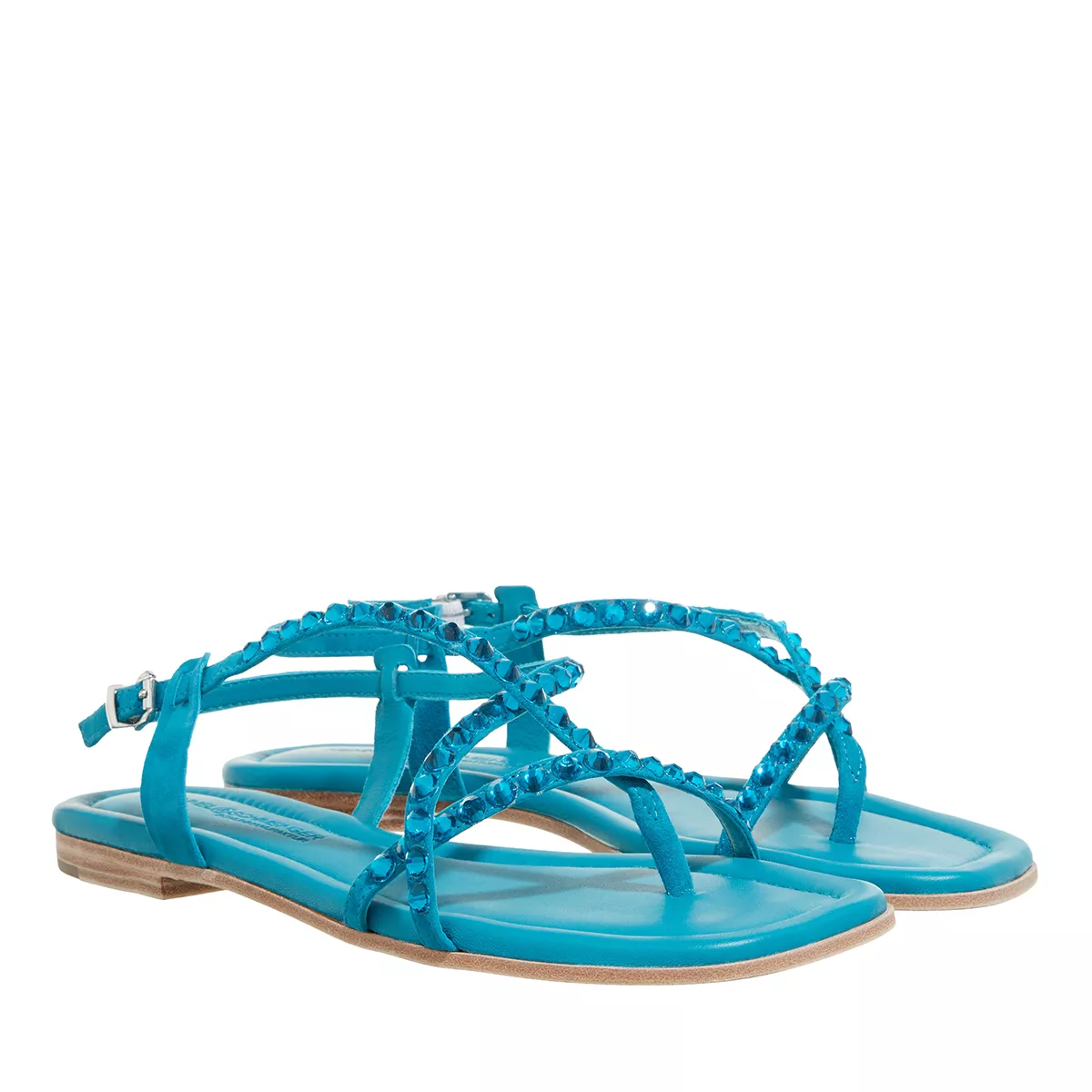 Blaue Zehenstegsandalen mit Schmucksteinen