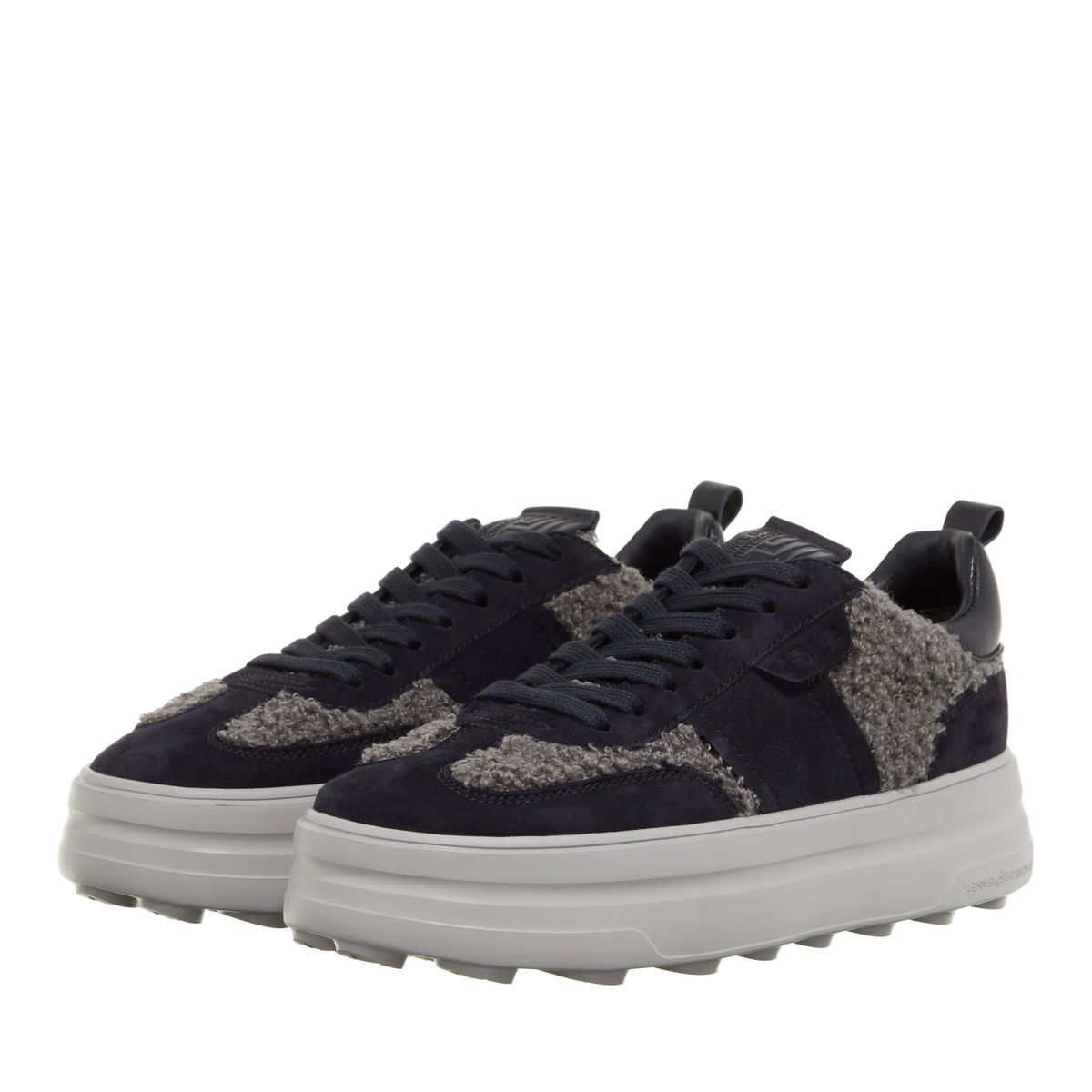 Marineblaue Wildleder- & Shearling-Plateau-Sneaker