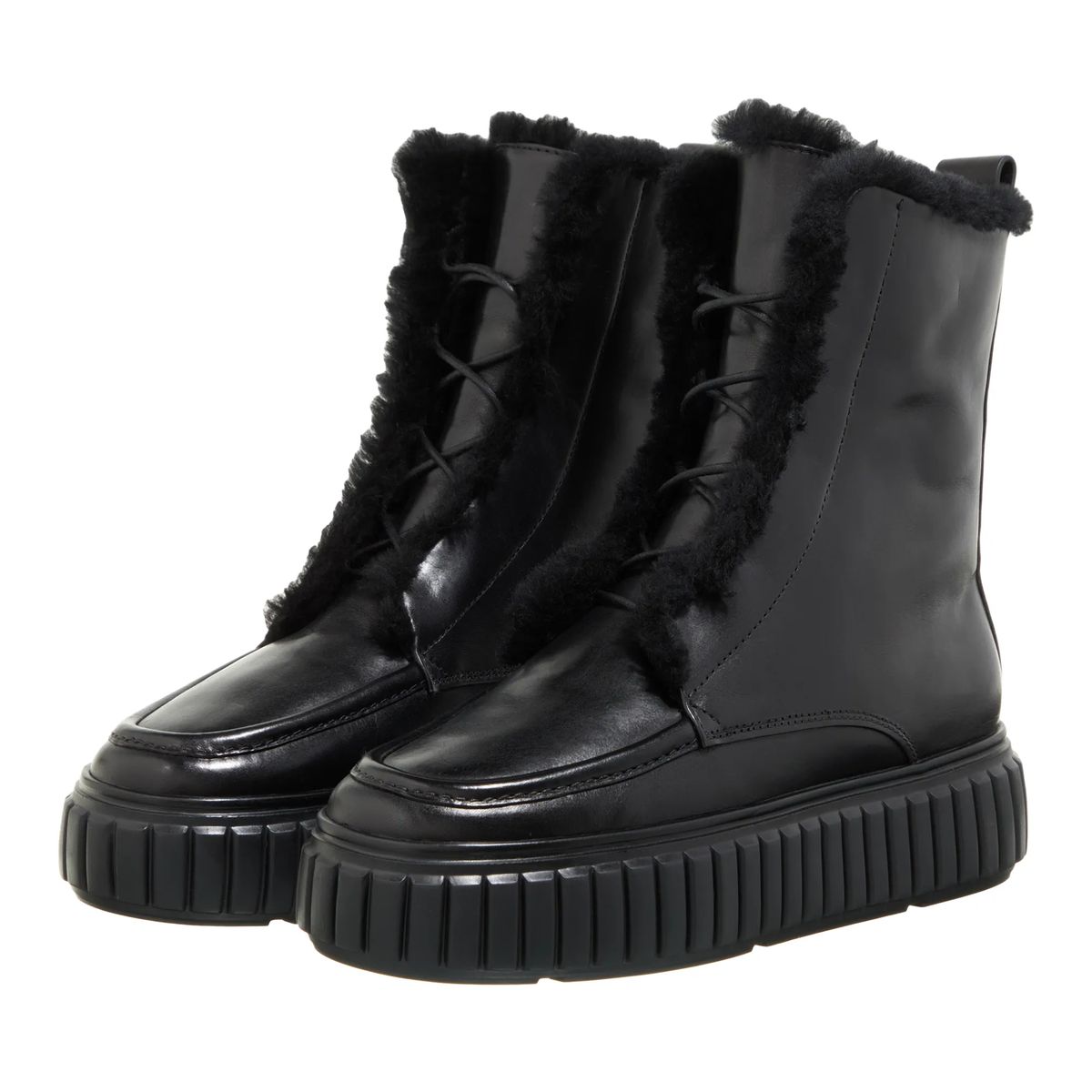 Schwarze Leder-Stiefeletten mit Fell