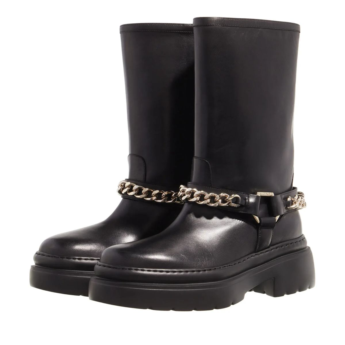 Klobige, mittelhohe Stiefel mit Kettenakzent