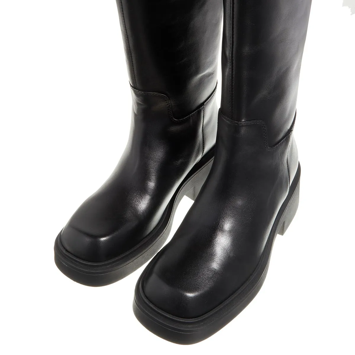 Schwarze Leder Overknee-Plateau-Stiefel