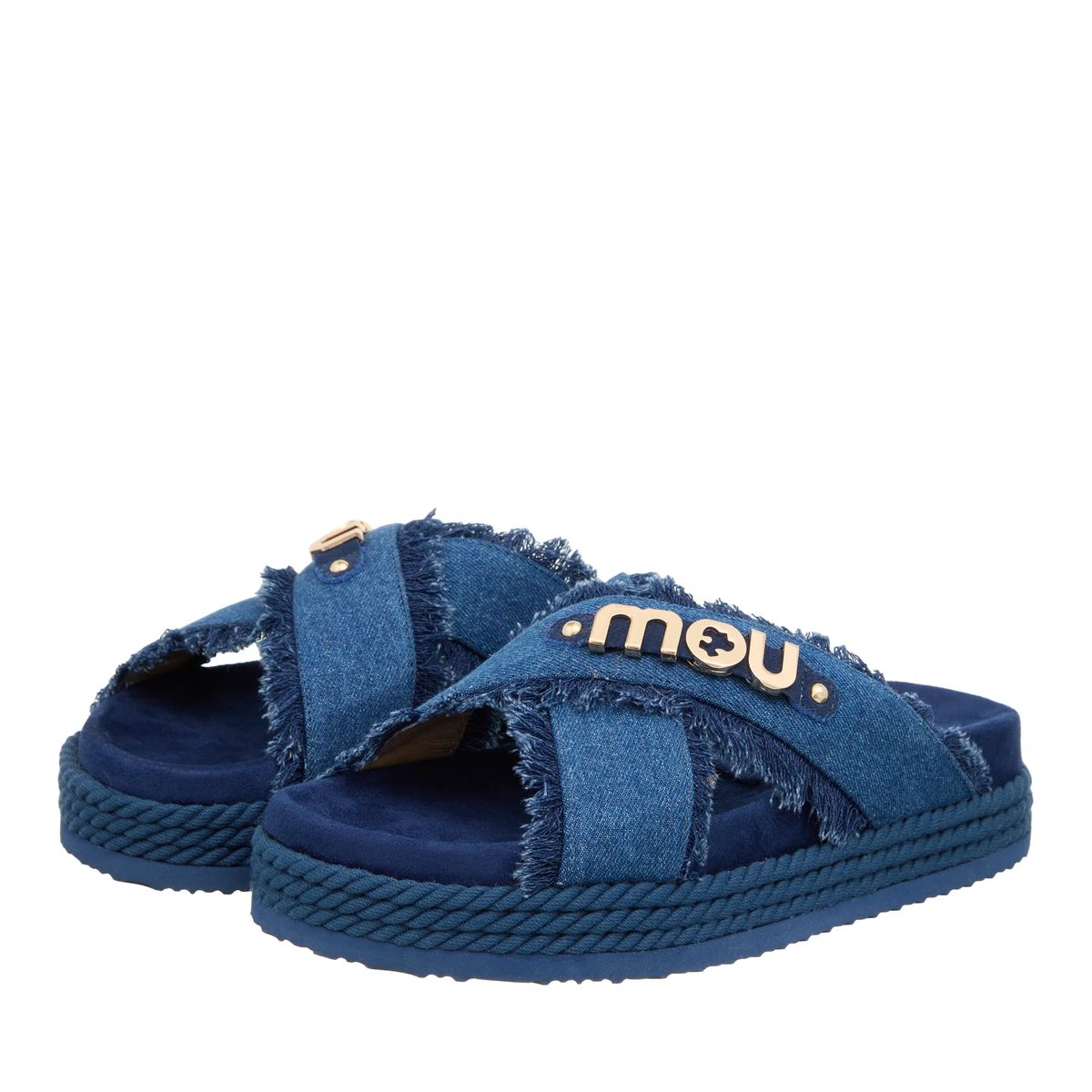 Denim-Plateausandalen mit Kreuzriemen