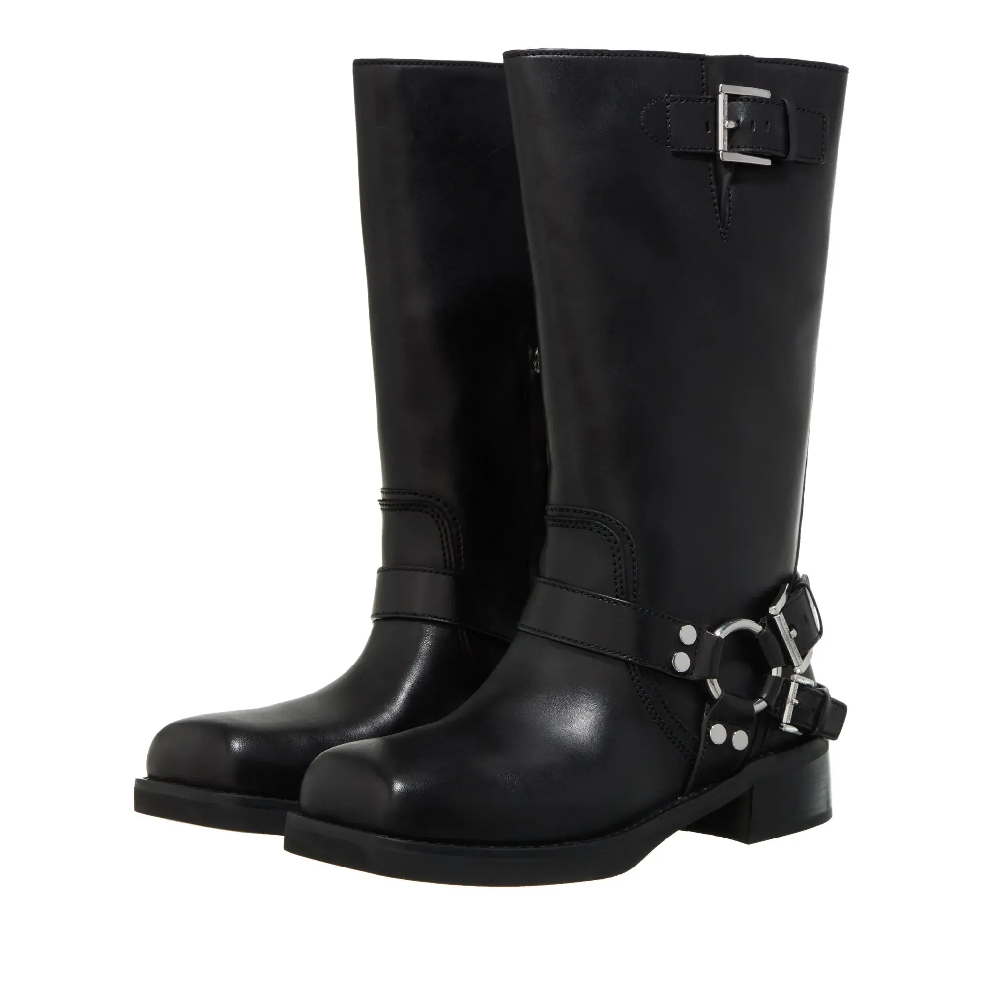 Schwarze Leder-Motorradstiefel mit Schnallen