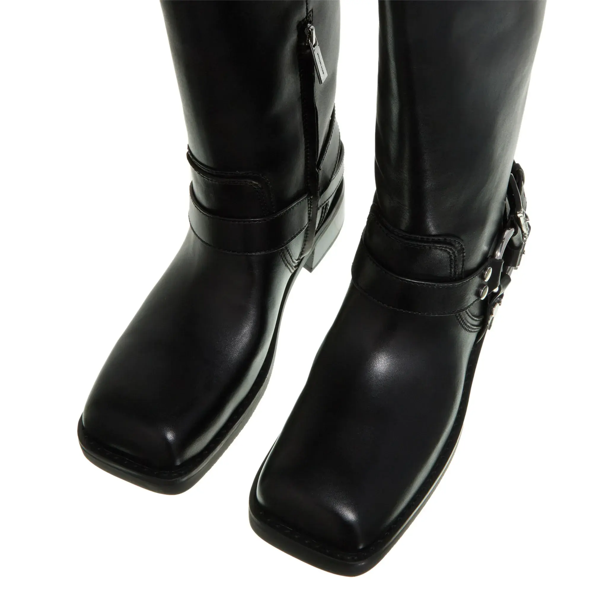 Schwarze Leder-Motorradstiefel mit Schnallen
