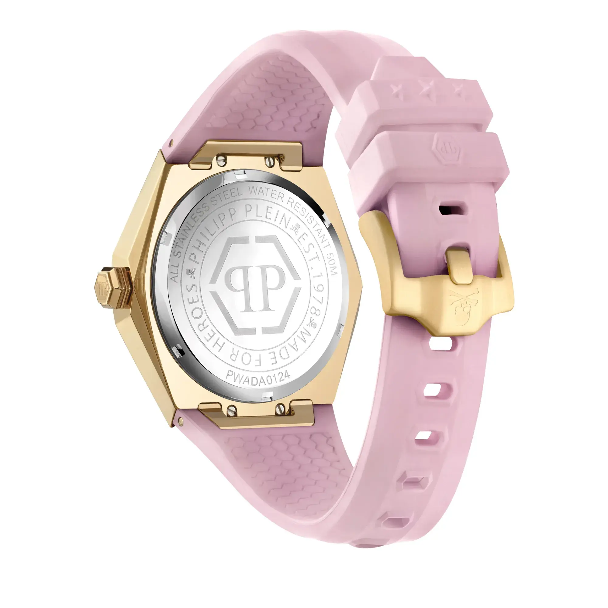 Goldfarbene pinke Totenkopf-Analog-Uhr