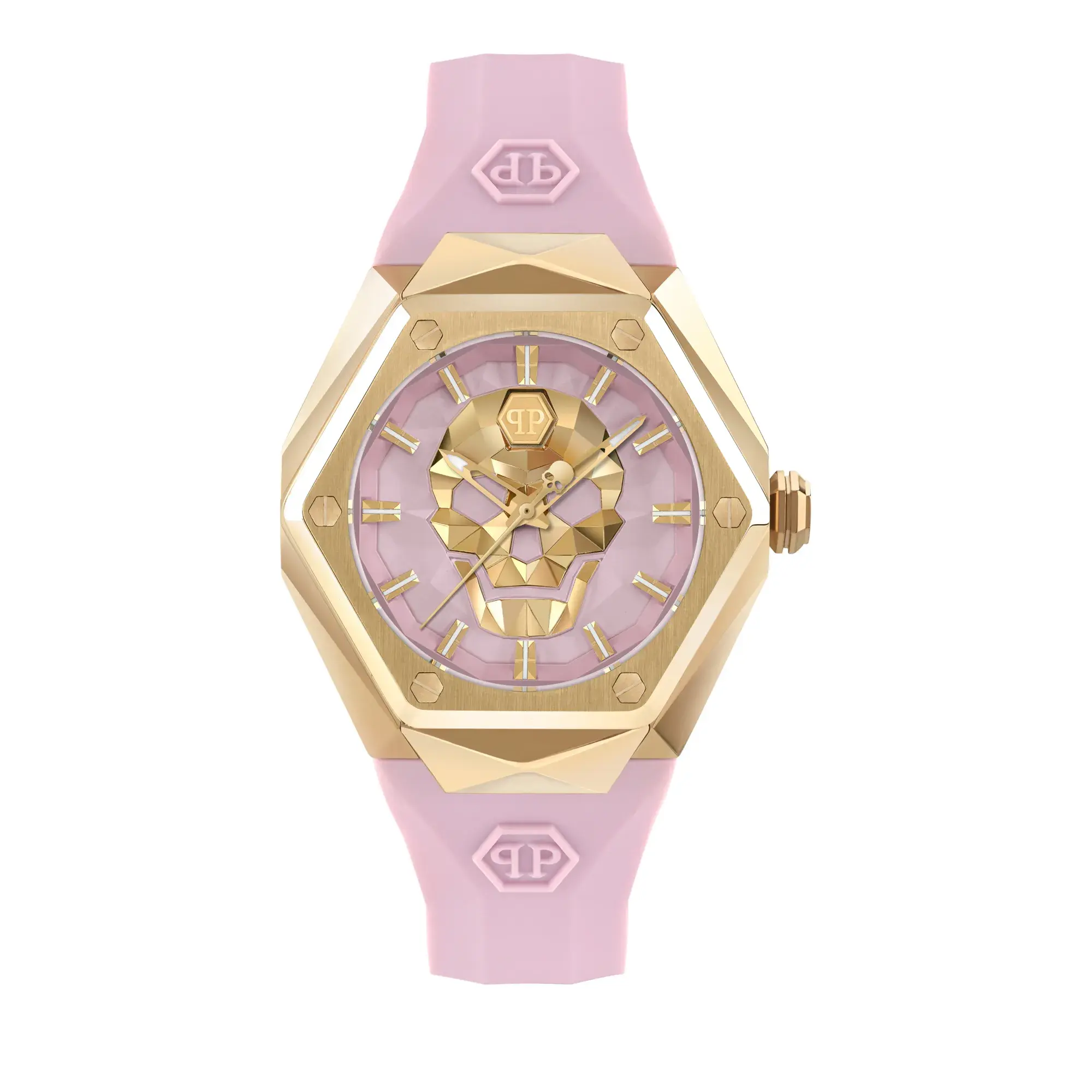 Goldfarbene pinke Totenkopf-Analog-Uhr