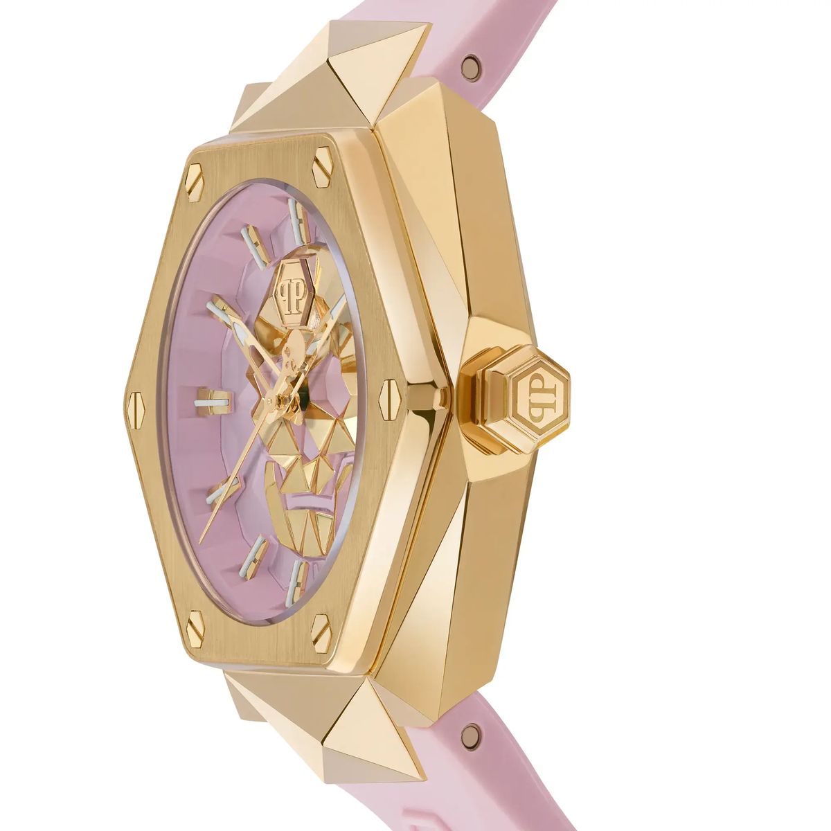 Goldfarbene pinke Totenkopf-Analog-Uhr