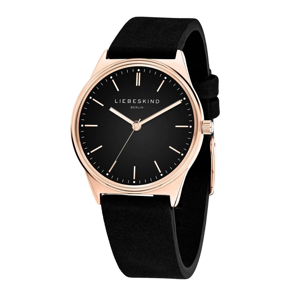 Klassische schwarze Lederuhr mit Roségold-Gehäuse
