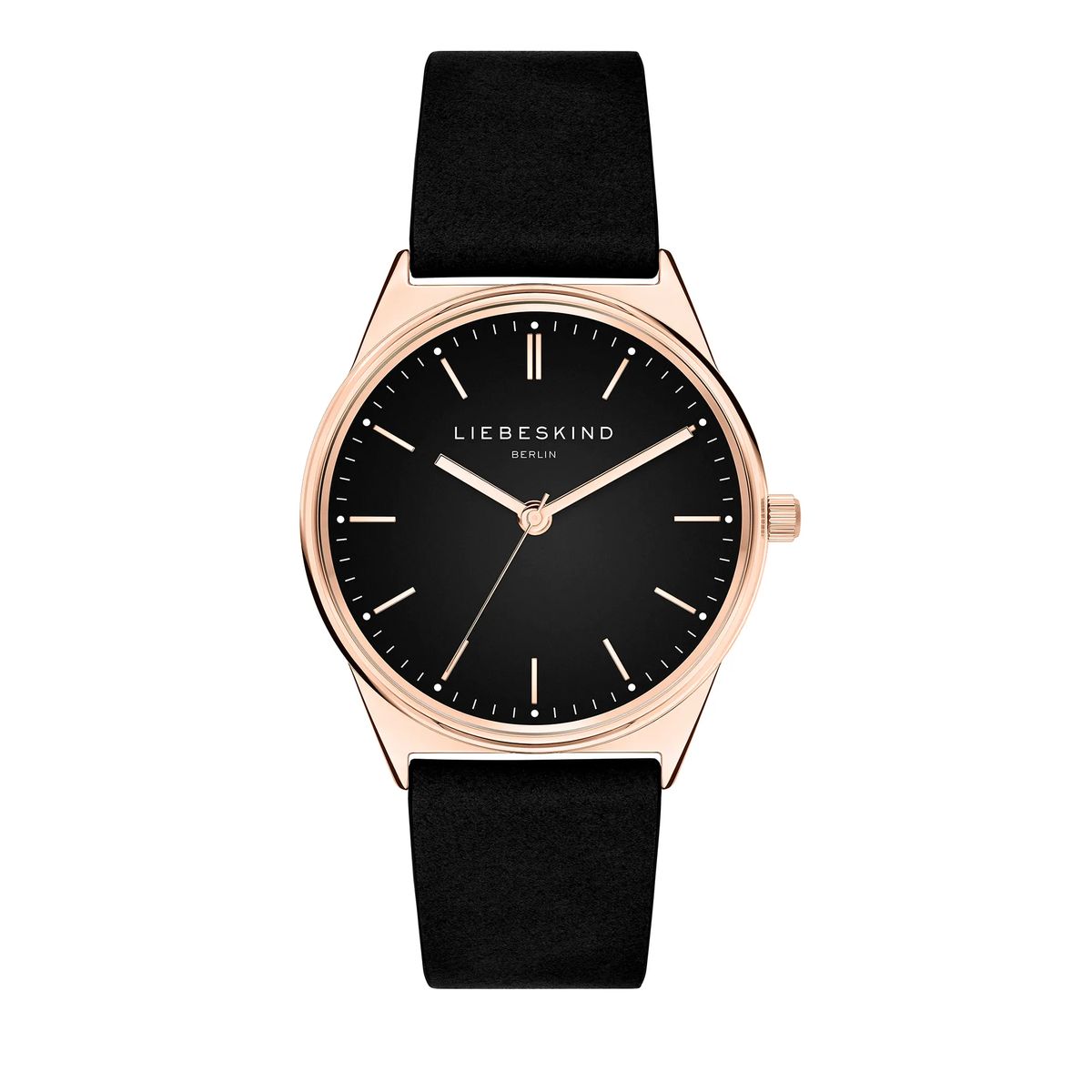 Klassische schwarze Lederuhr mit Roségold-Gehäuse