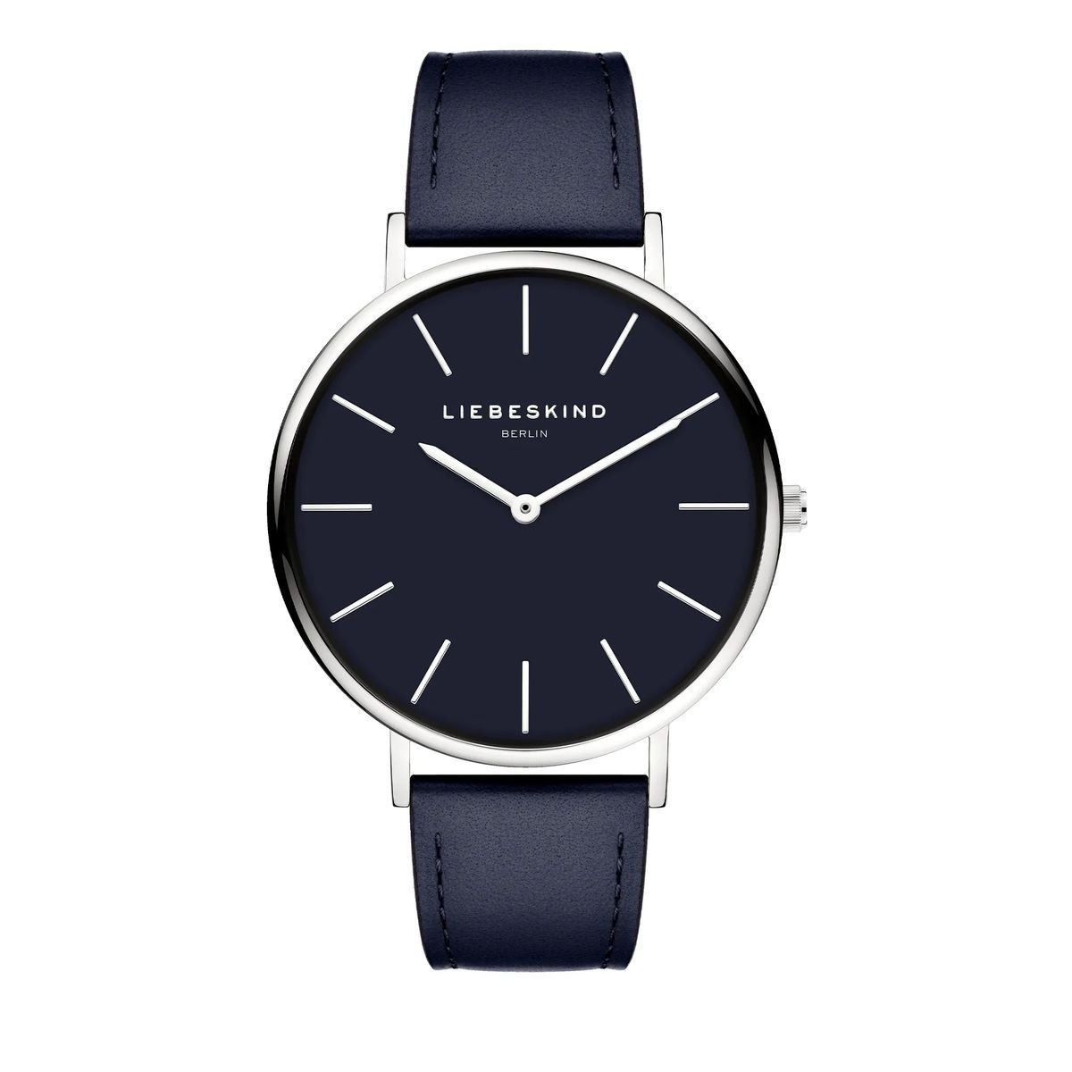 Minimalistische silberfarbene Uhr mit blauem Lederarmband