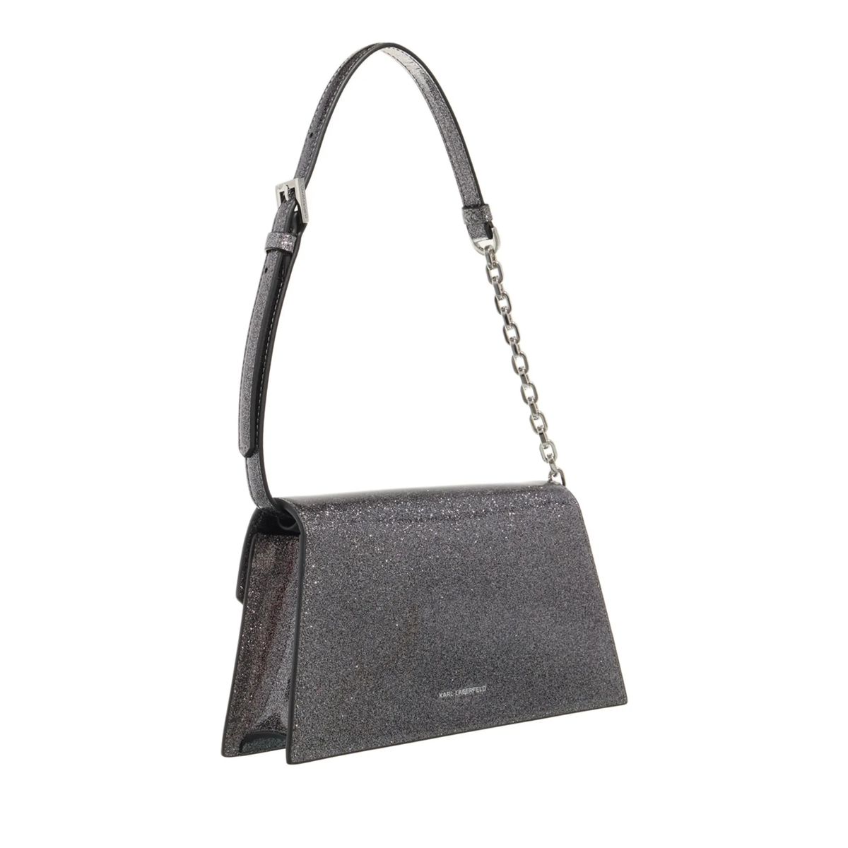 Glitzernde Schultertasche mit Überschlag und Kette