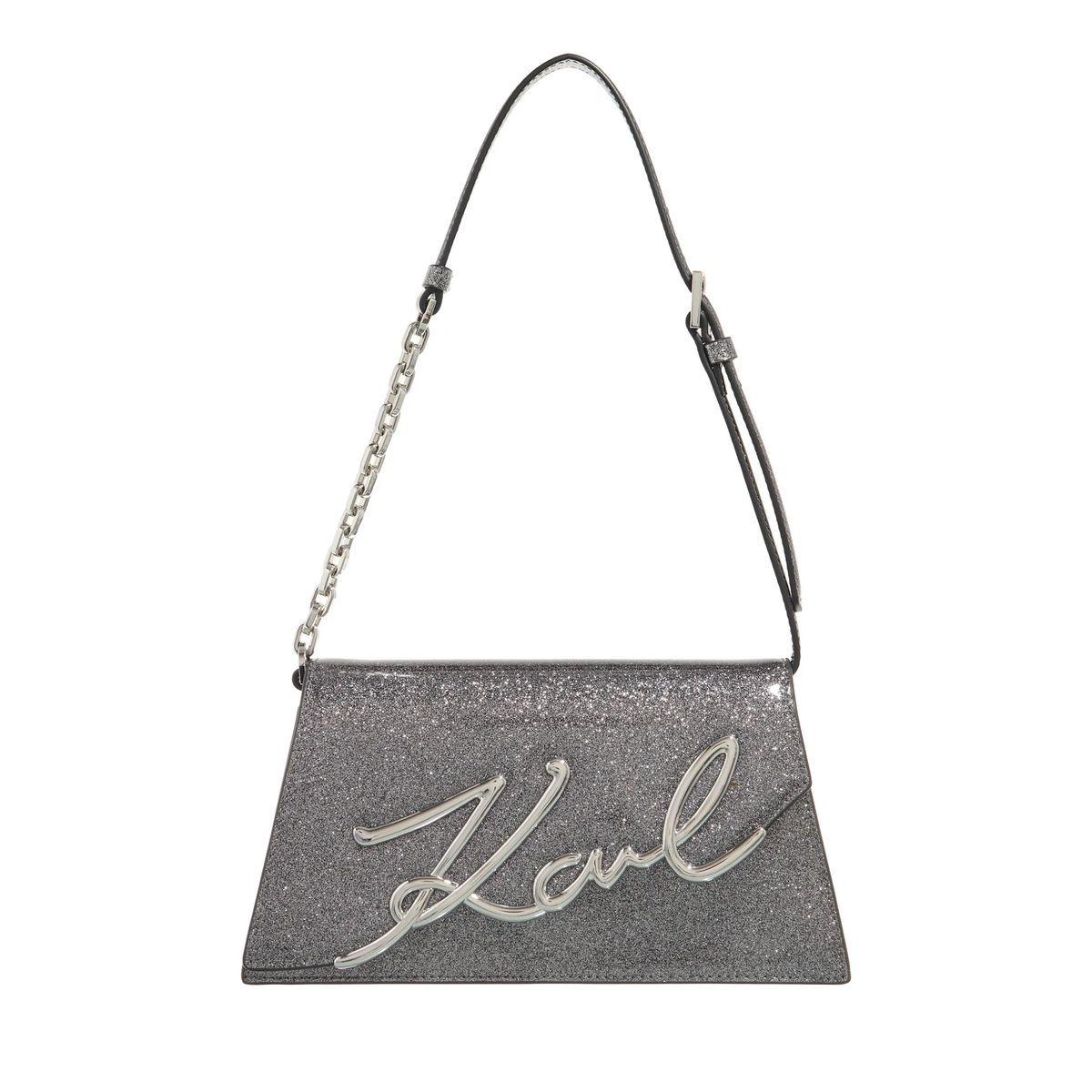 Glitzernde Schultertasche mit Überschlag und Kette
