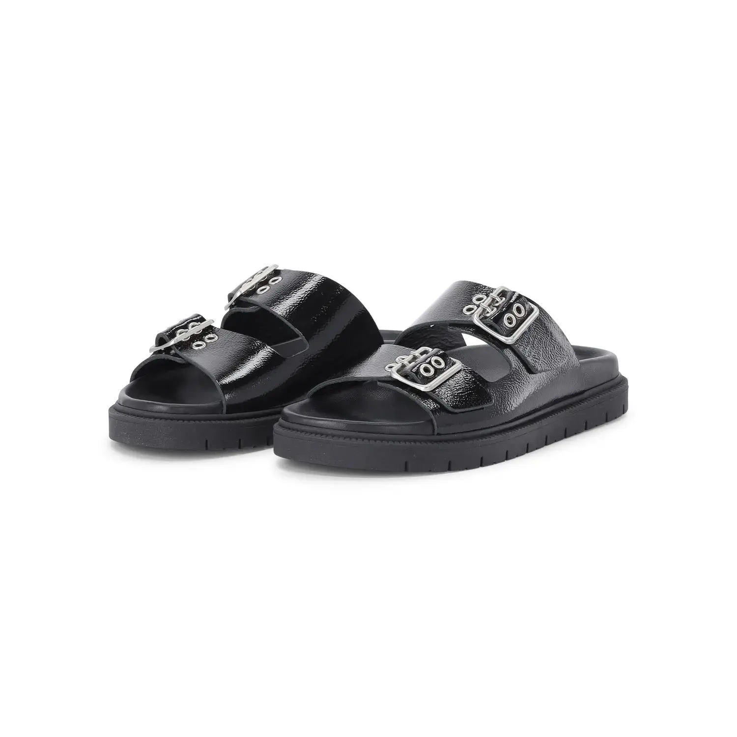Schwarze Lackleder-Pantoletten mit Schnalle